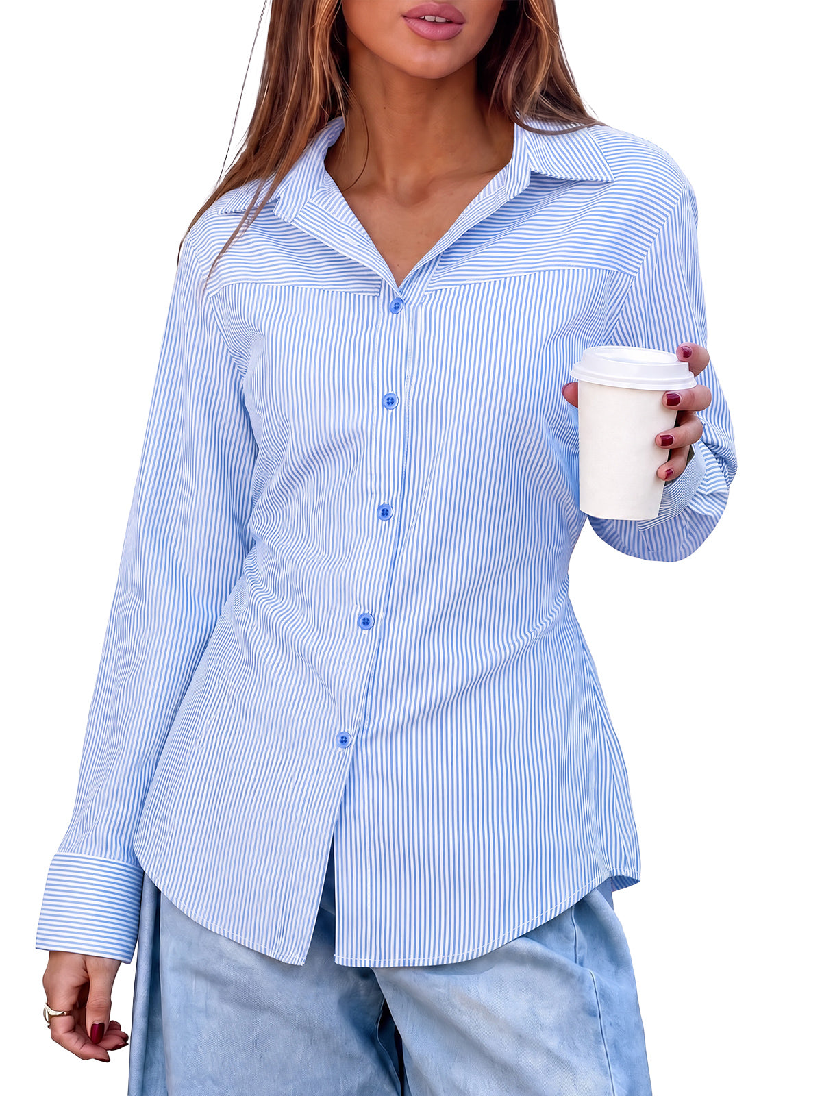 Womens Blue Striped Button Down Shirt | CicyBell