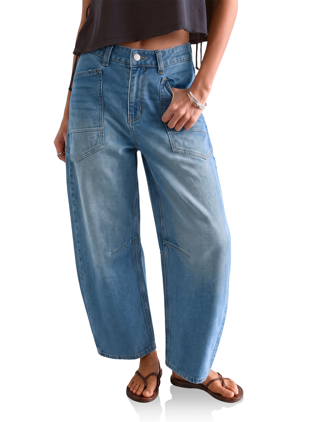 Womens Blue Cropped Barrel Jeans | CicyBell