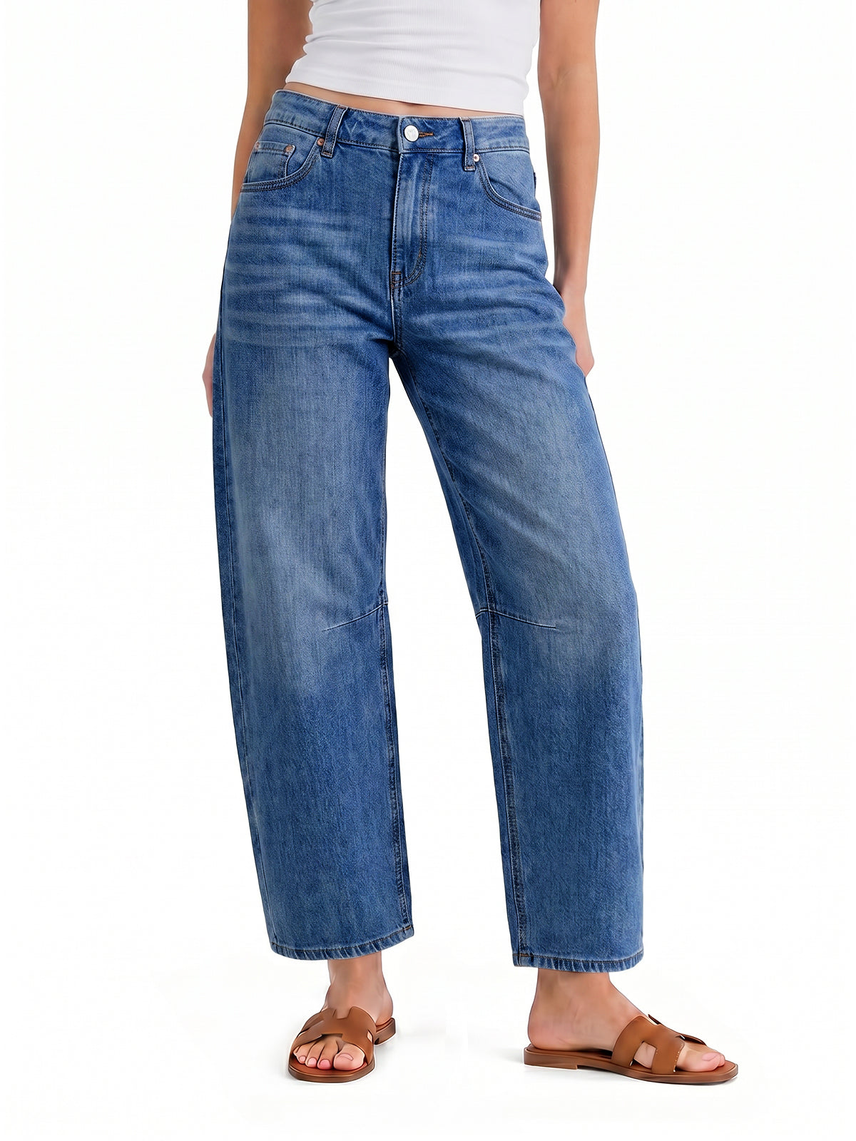 Women Blue Casual Barrel Cropped Jeans | CicyBell