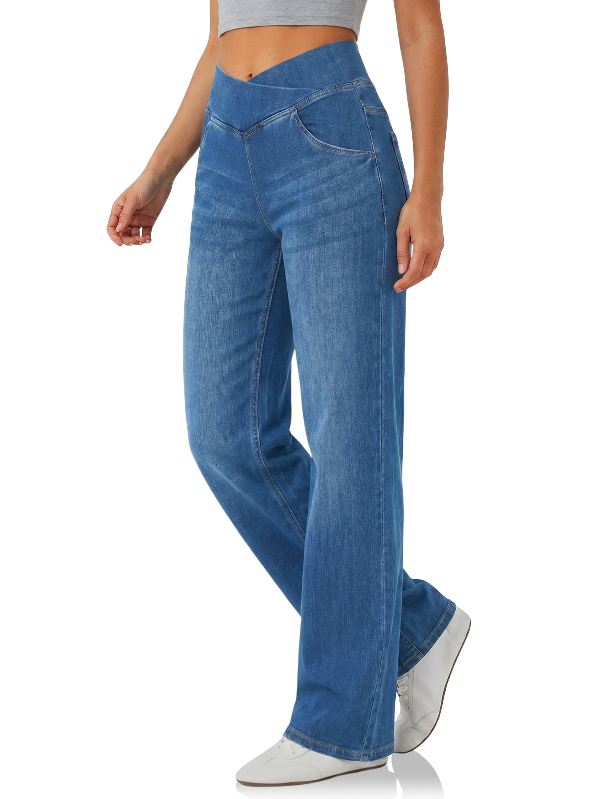 Womens Blue Pull On Wide Leg Jeans | Cicy Bell