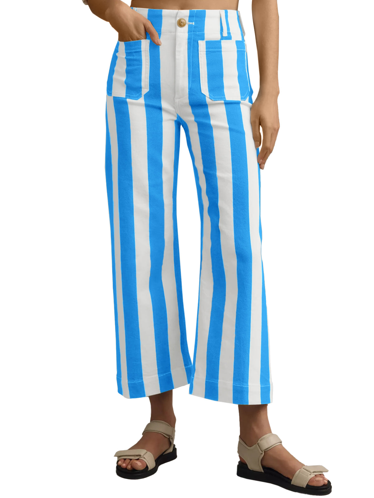 Womens Blue Striped Wide Leg Jeans | CicyBell