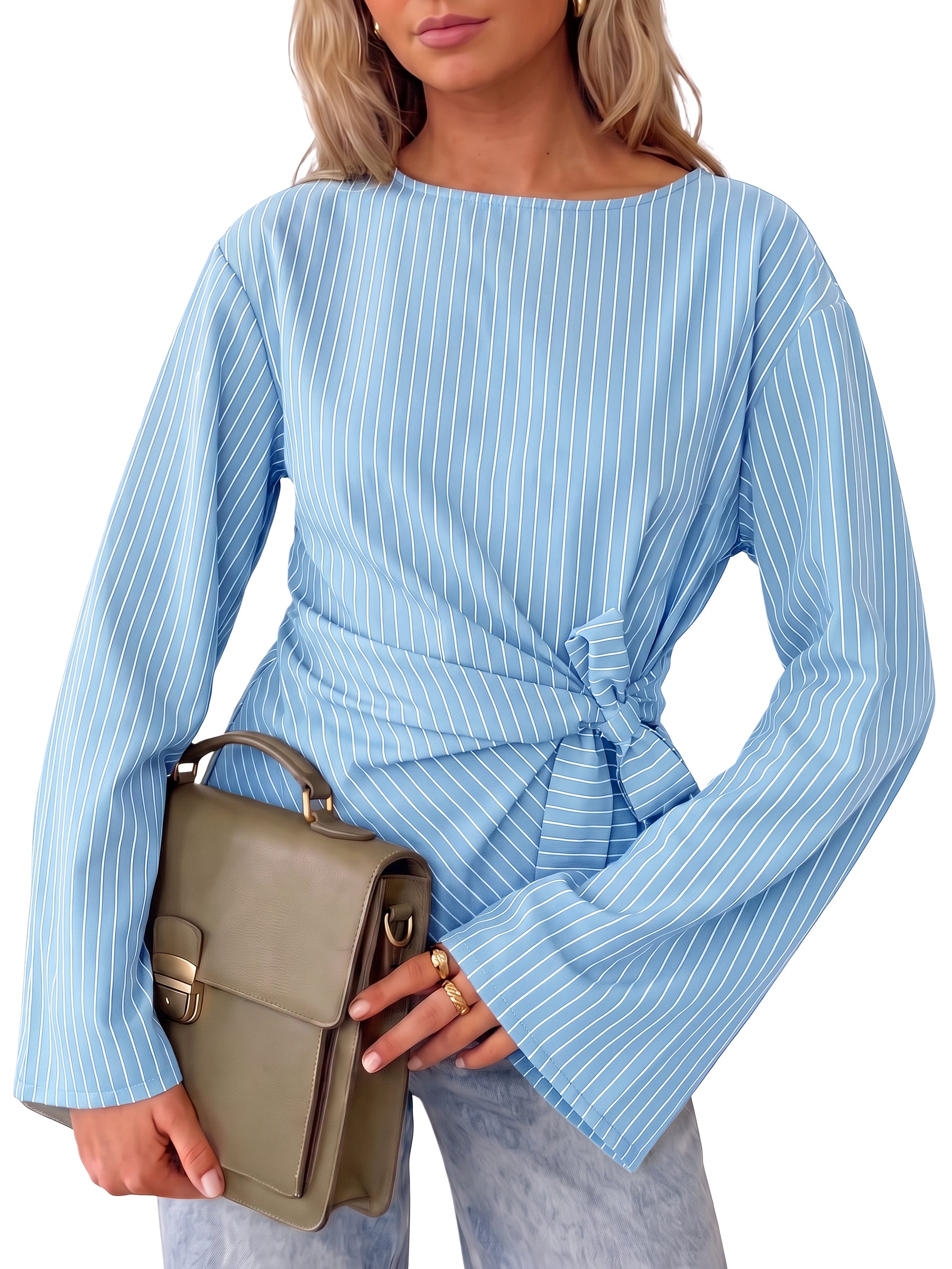 Womens Sky Blue Cinched Waist Wrap Tops | CicyBell