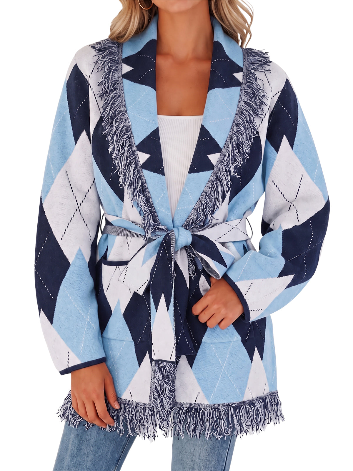 Womens Blue Fringe Argyle Cardigans Sweaters | CicyBell