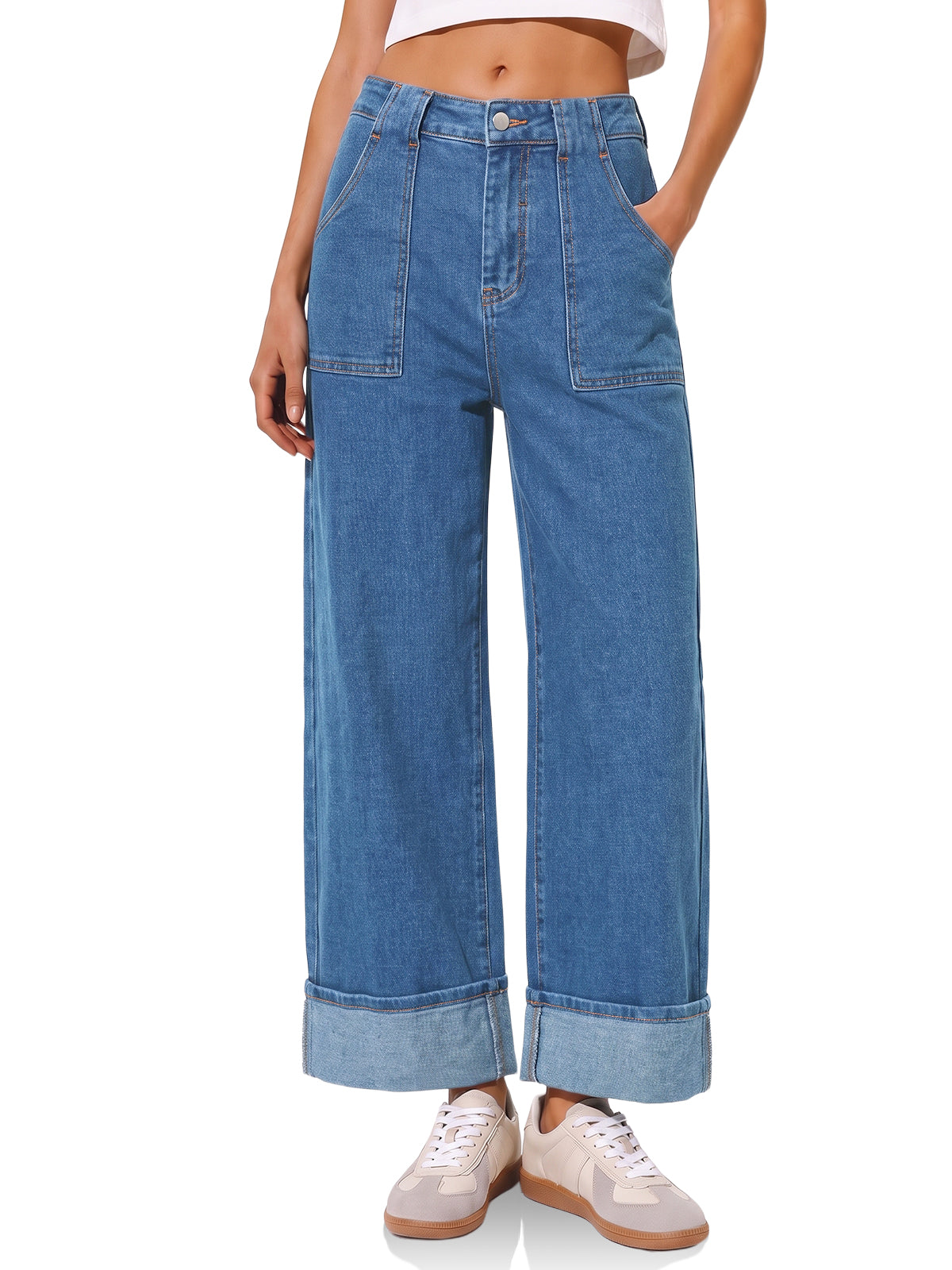 Womens Barrel Cuffed High Waisted Wide Leg Jeans | Cicy Bell