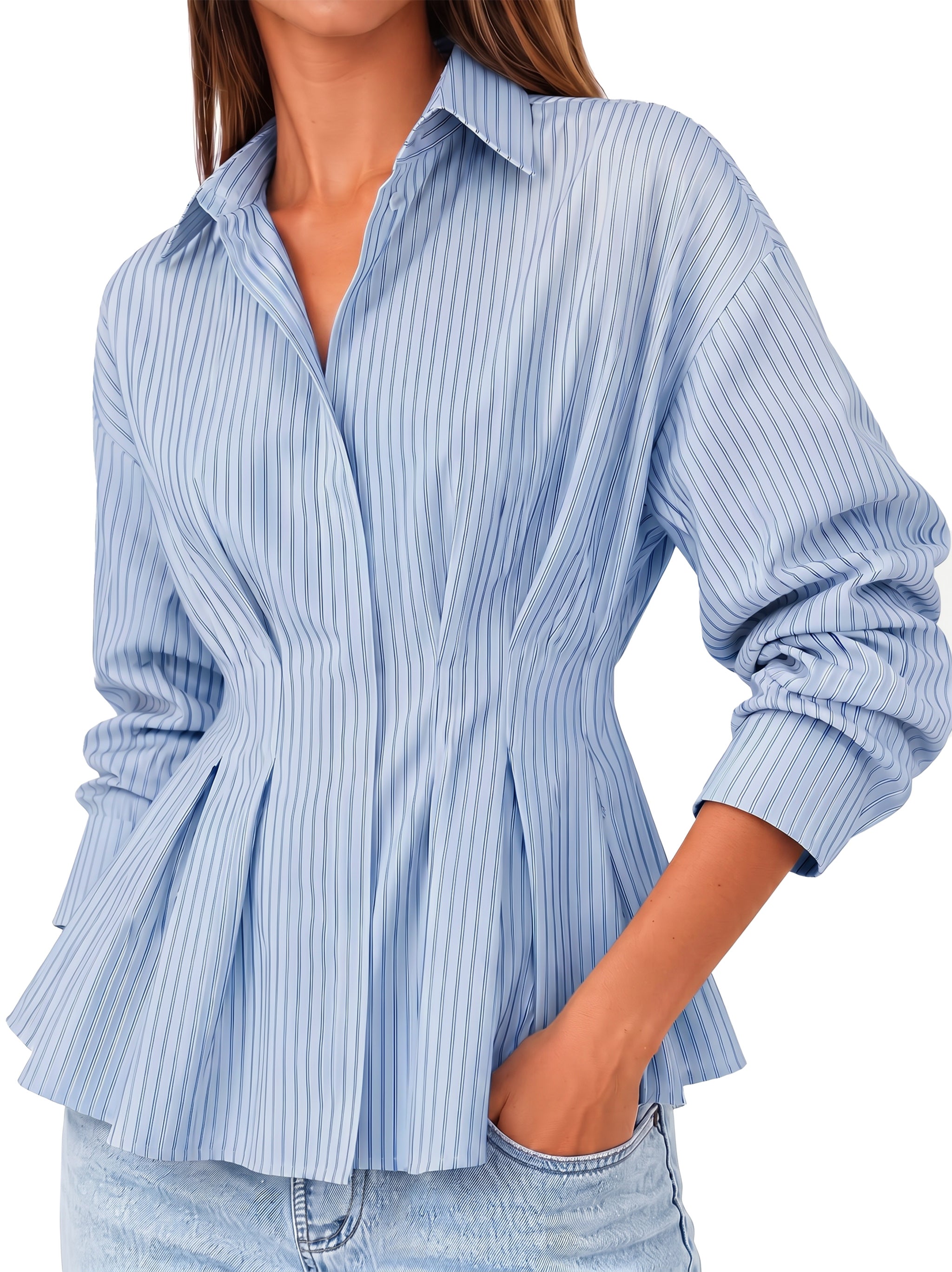 Women Blue Striped Button Down Shirts | CicyBell