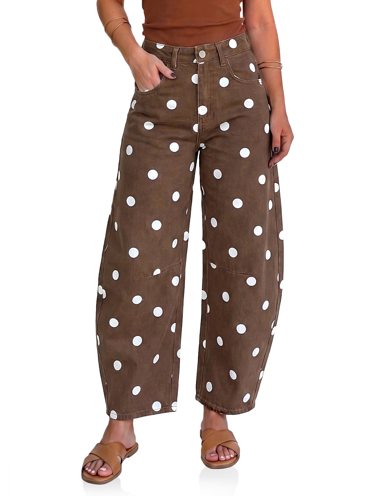 Womens Brown Polka Dot Barrel Jeans| CicyBell