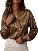 Womens Brown Satin Button Down Shirts | CicyBell