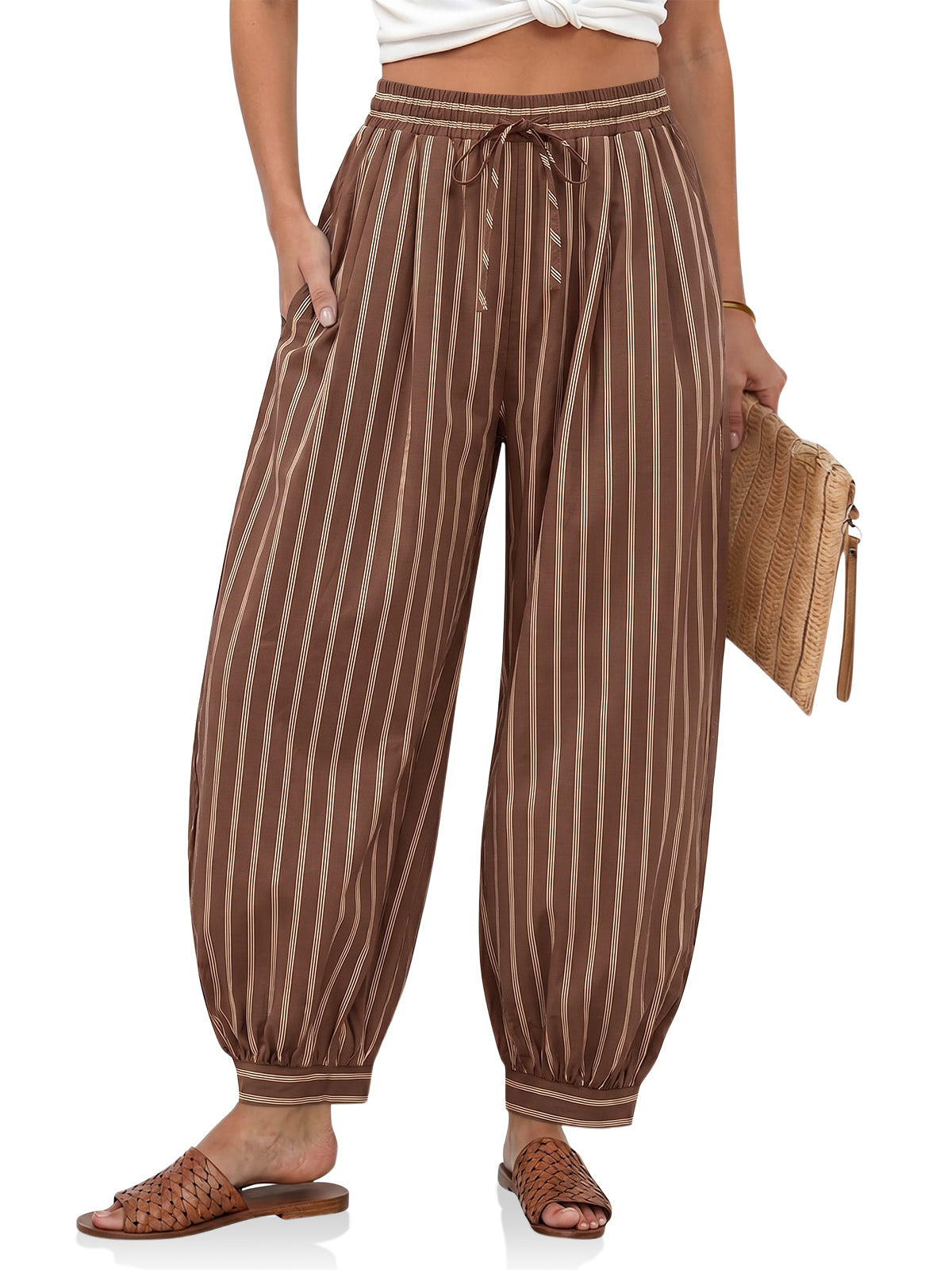 Womens Brown Striped Baggy Pants | CicyBell