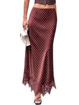 Womens Brown Polka Dot Satin Maxi Skirt | CicyBell