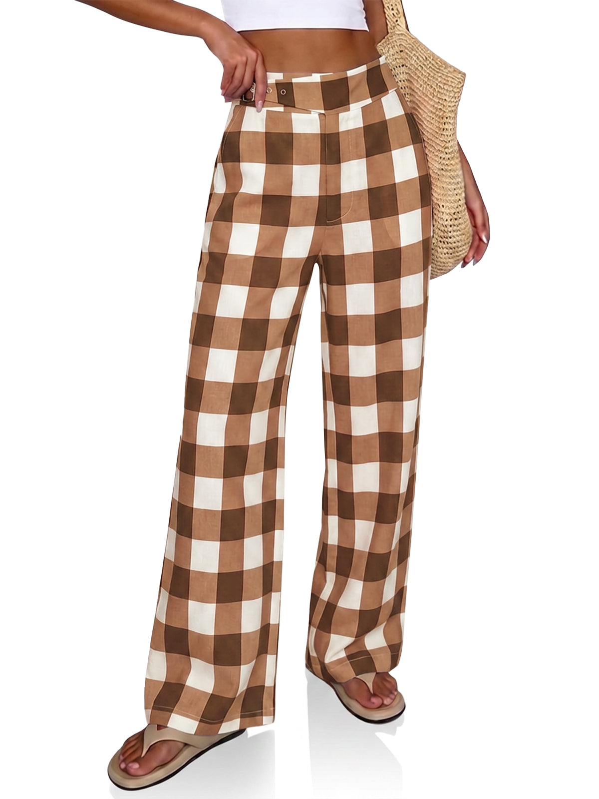 Womens Coffee Plaid Wide Leg Pants | CicyBell