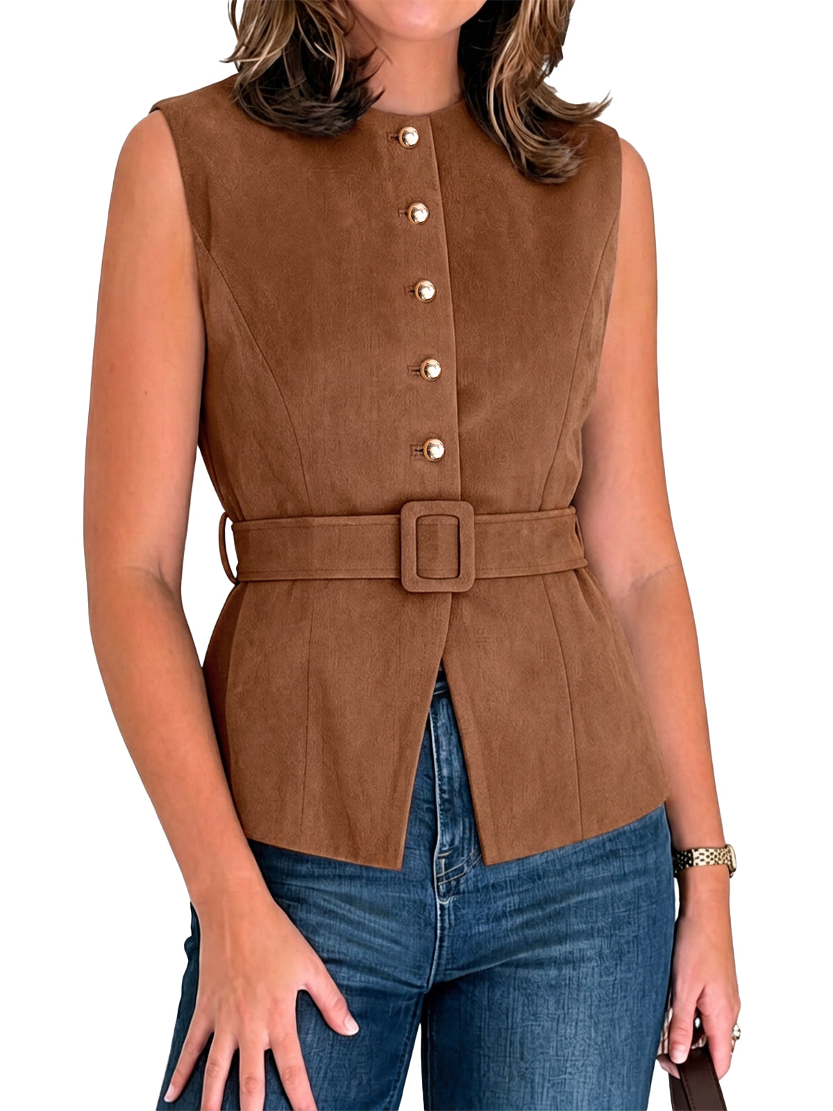 Womens Brown Suede Button Down Belted Vest | CicyBell