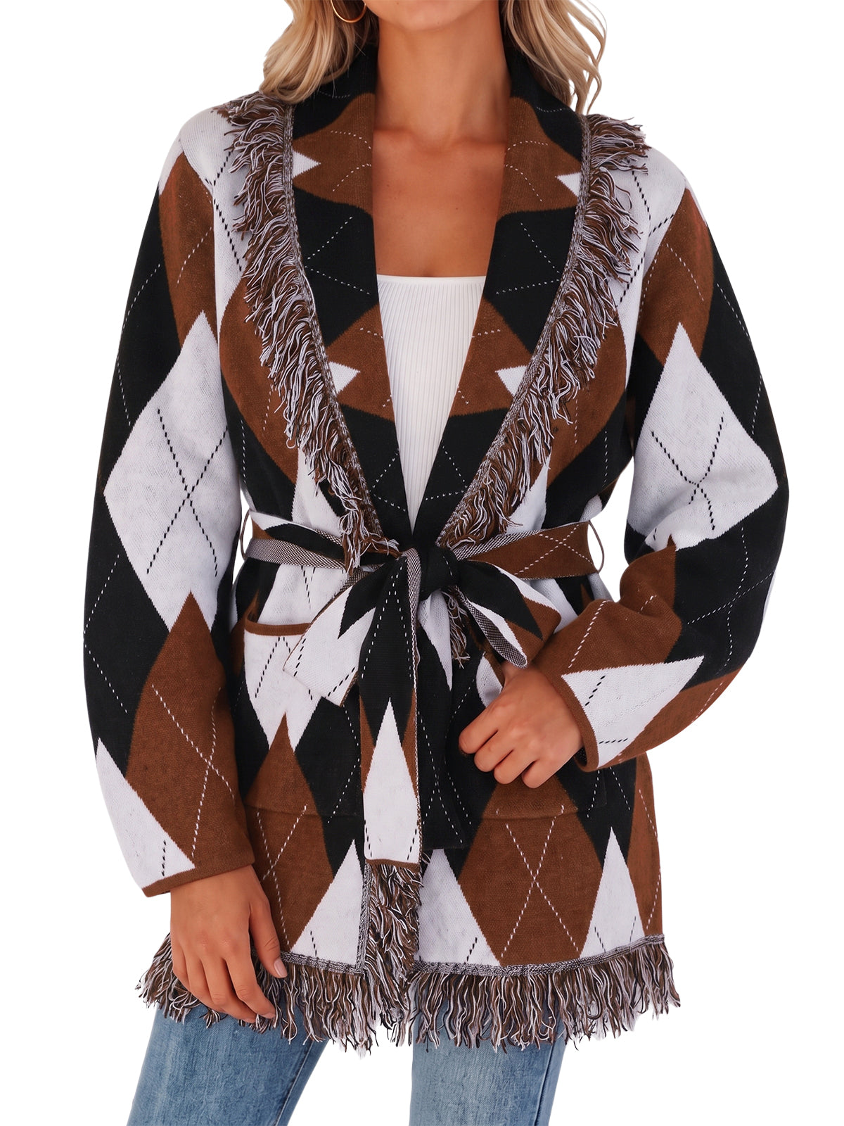 Womens Brown Fringe Argyle Cardigans Sweaters | CicyBell