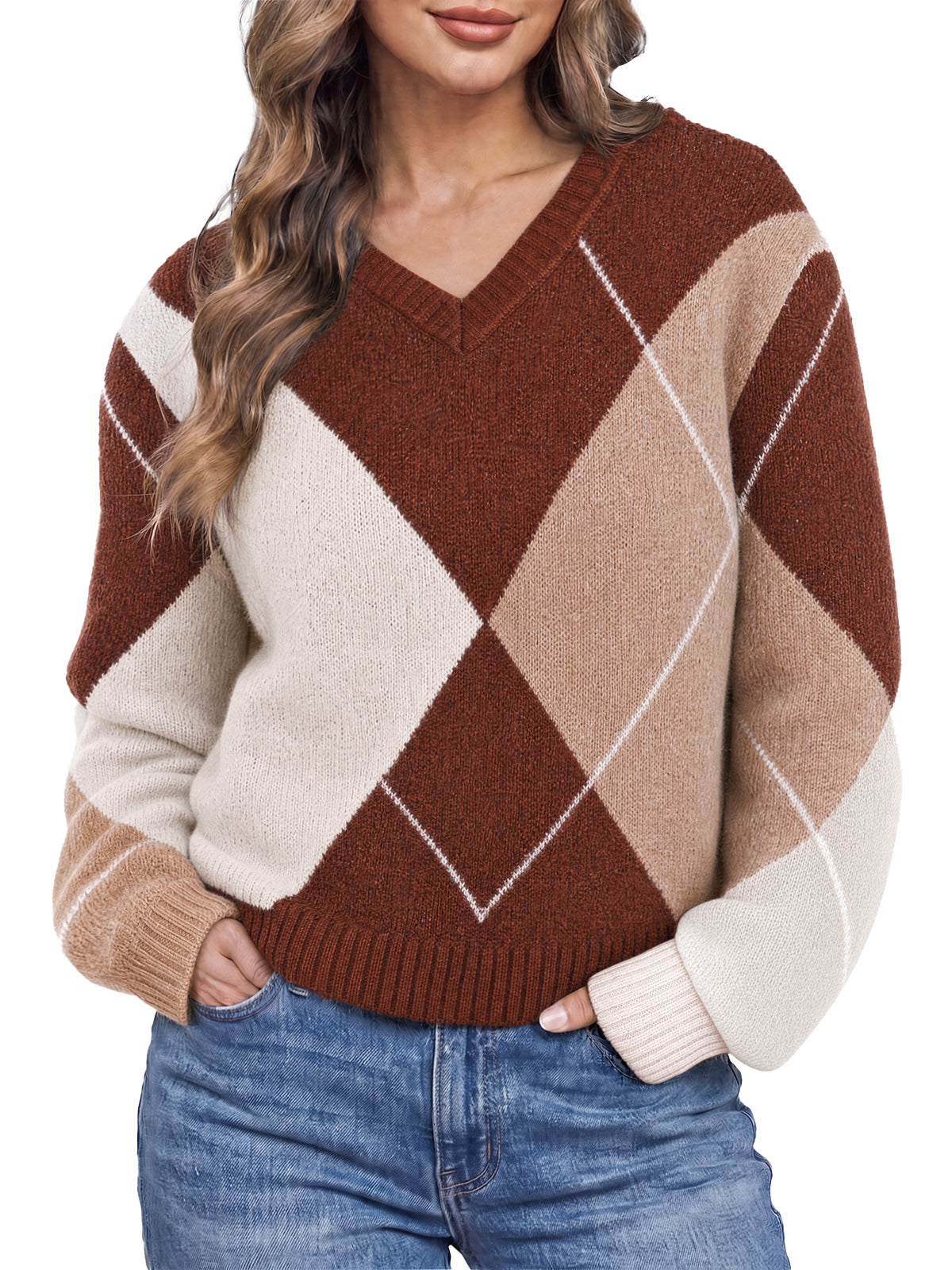 Womens Brown V Neck Argyle Sweaters| CicyBell
