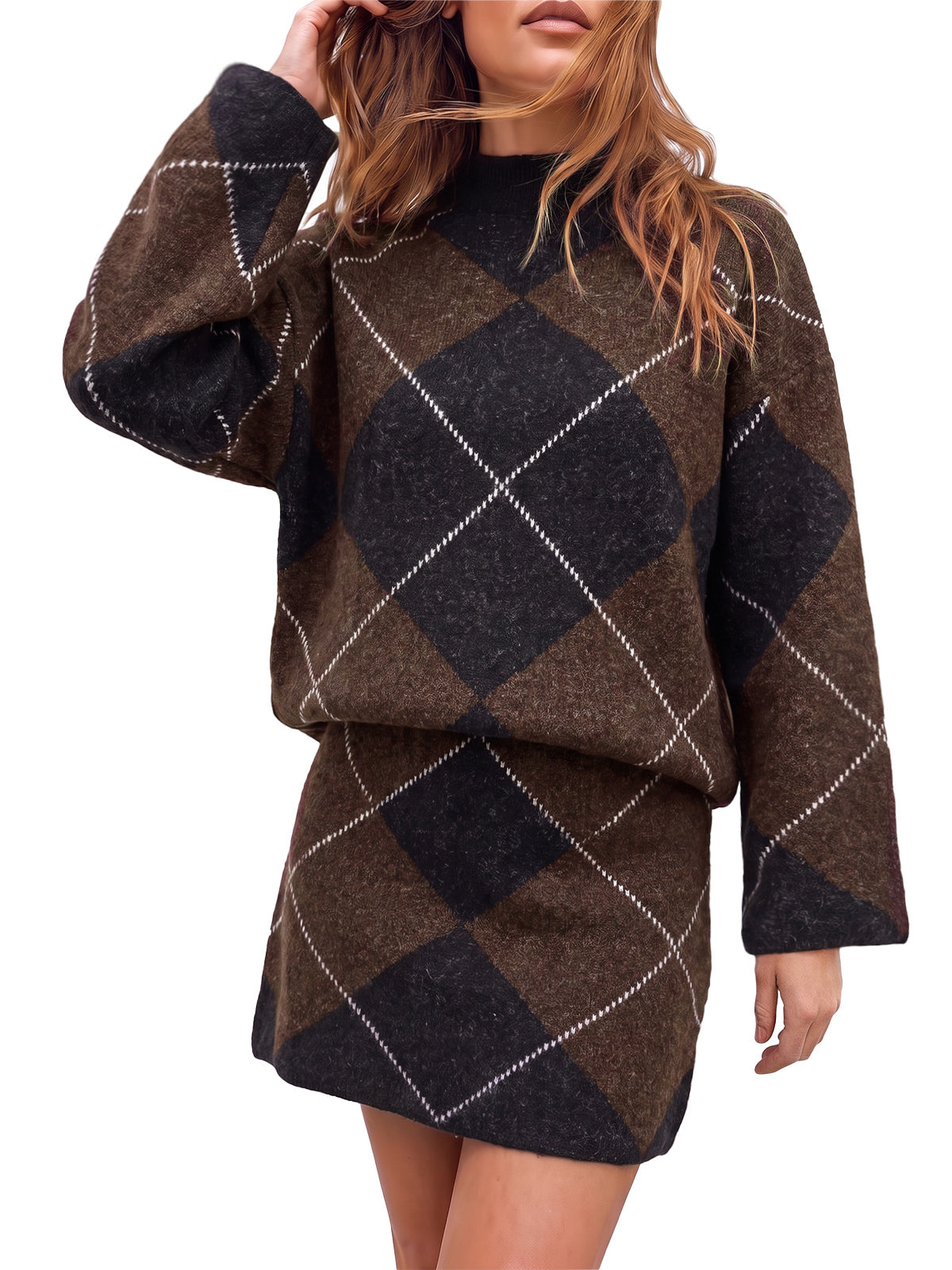 Womens Brown Argyle Sweater Mini Skirt Sets| CicyBell