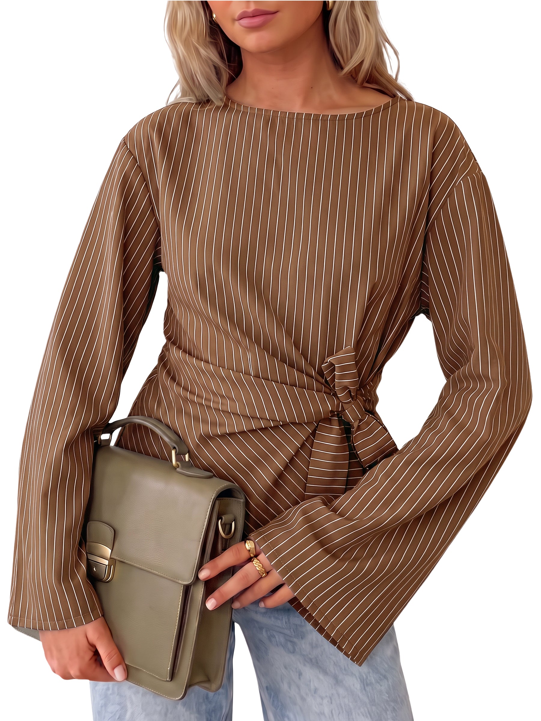 Womens Brown Cinched Waist Wrap Tops | CicyBell