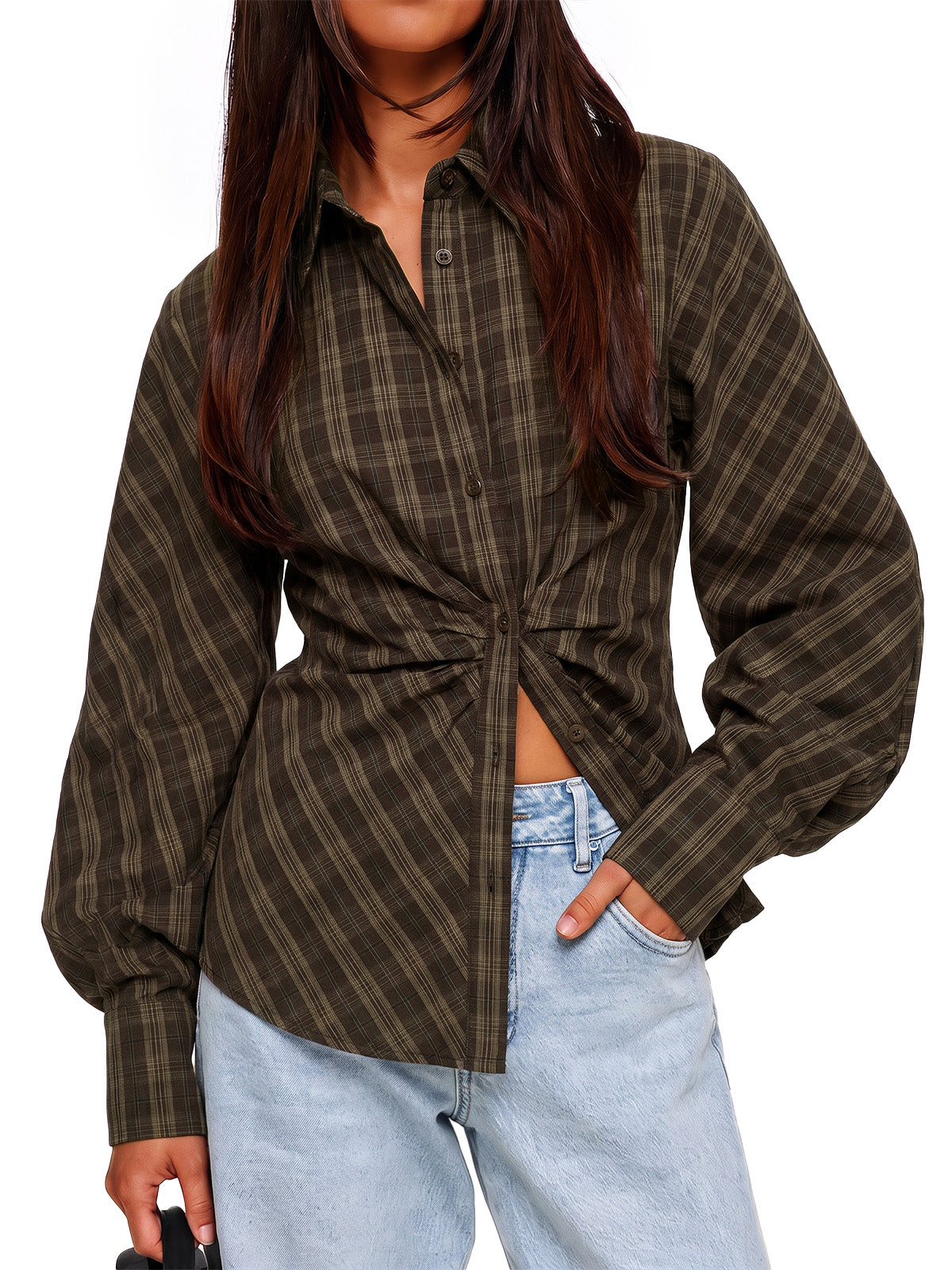 Womens Coffee Ruched Button Down Shirts | CicyBell