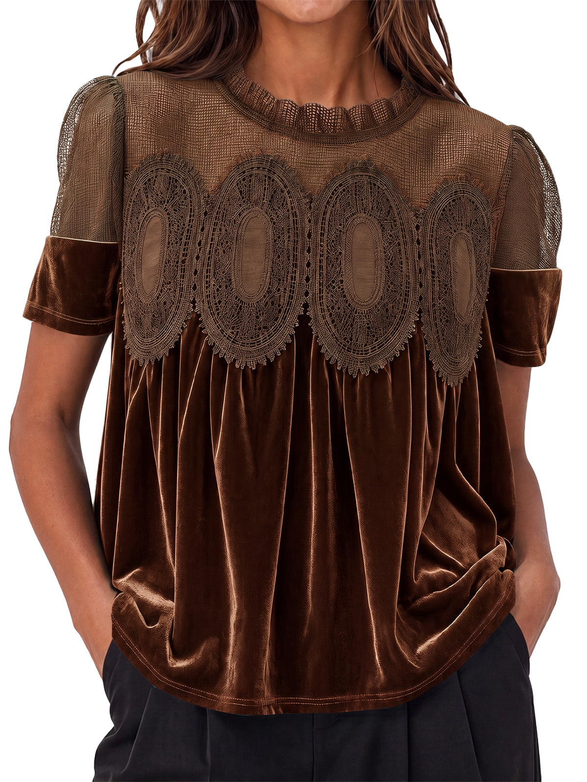 Womens Brown Velvet Lace Tops | CicyBell