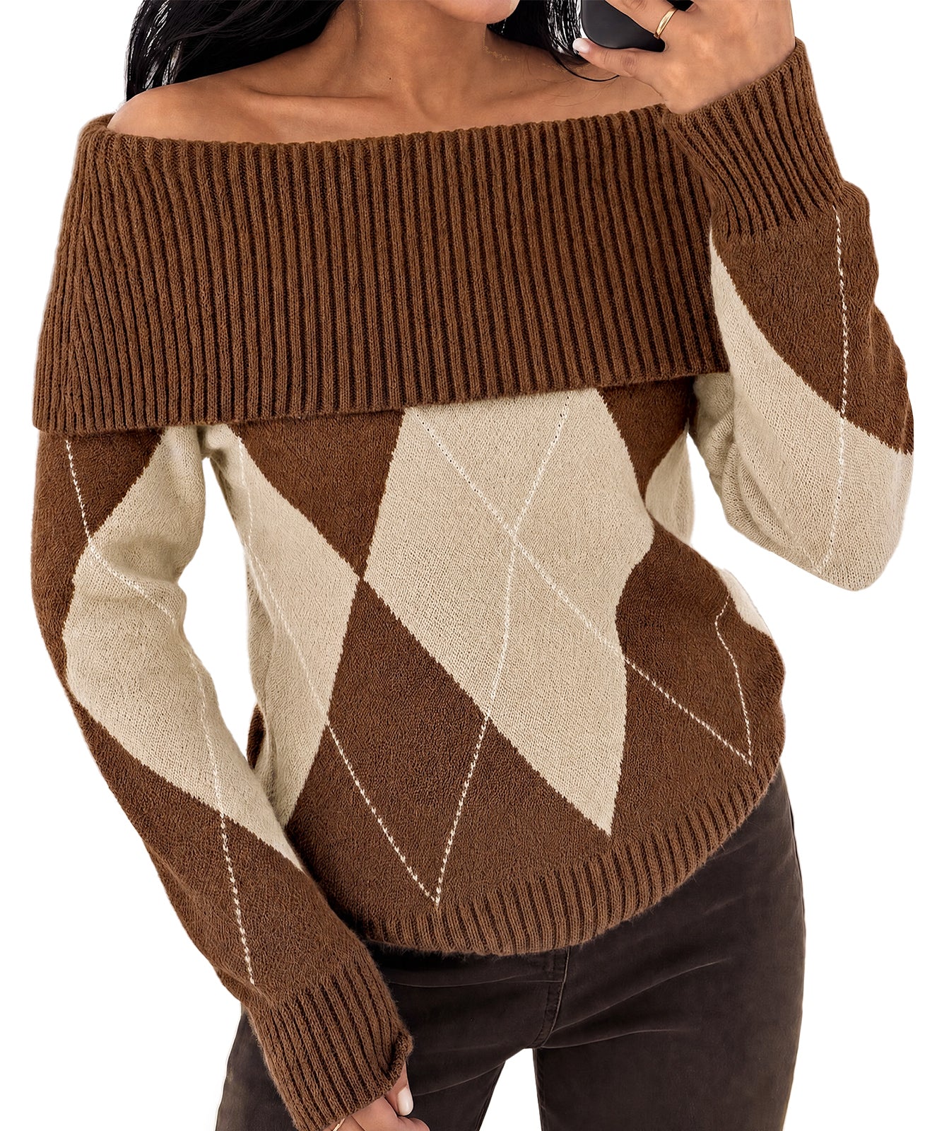 Womens Brown Off the Shoulder Argyle Sweater | CicyBell