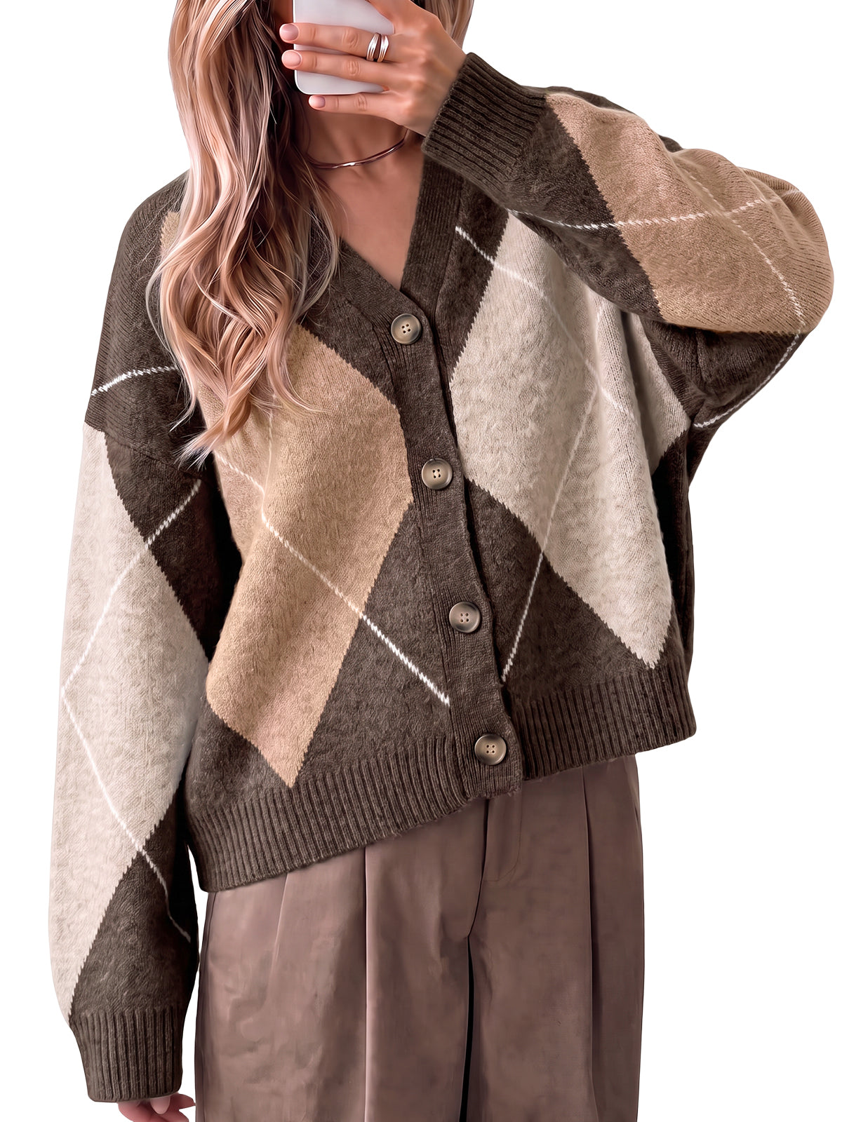 Women Brown Plaid Color Block Cardigan | CicyBell