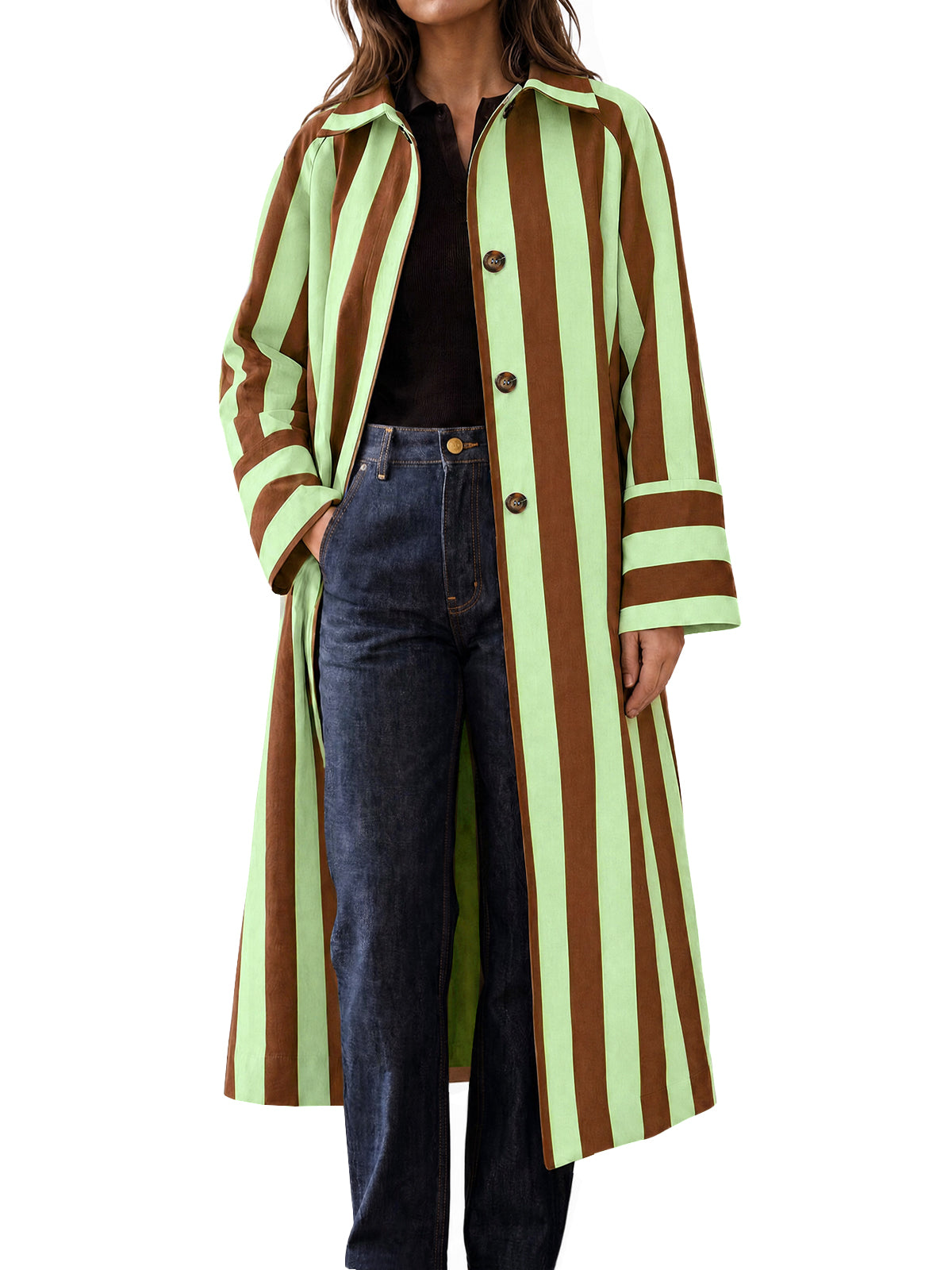 Womens Brown Striped Long Trench Coats | CicyBell