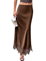 Womens Brown Lace Flowy Satin Skirts | CicyBell