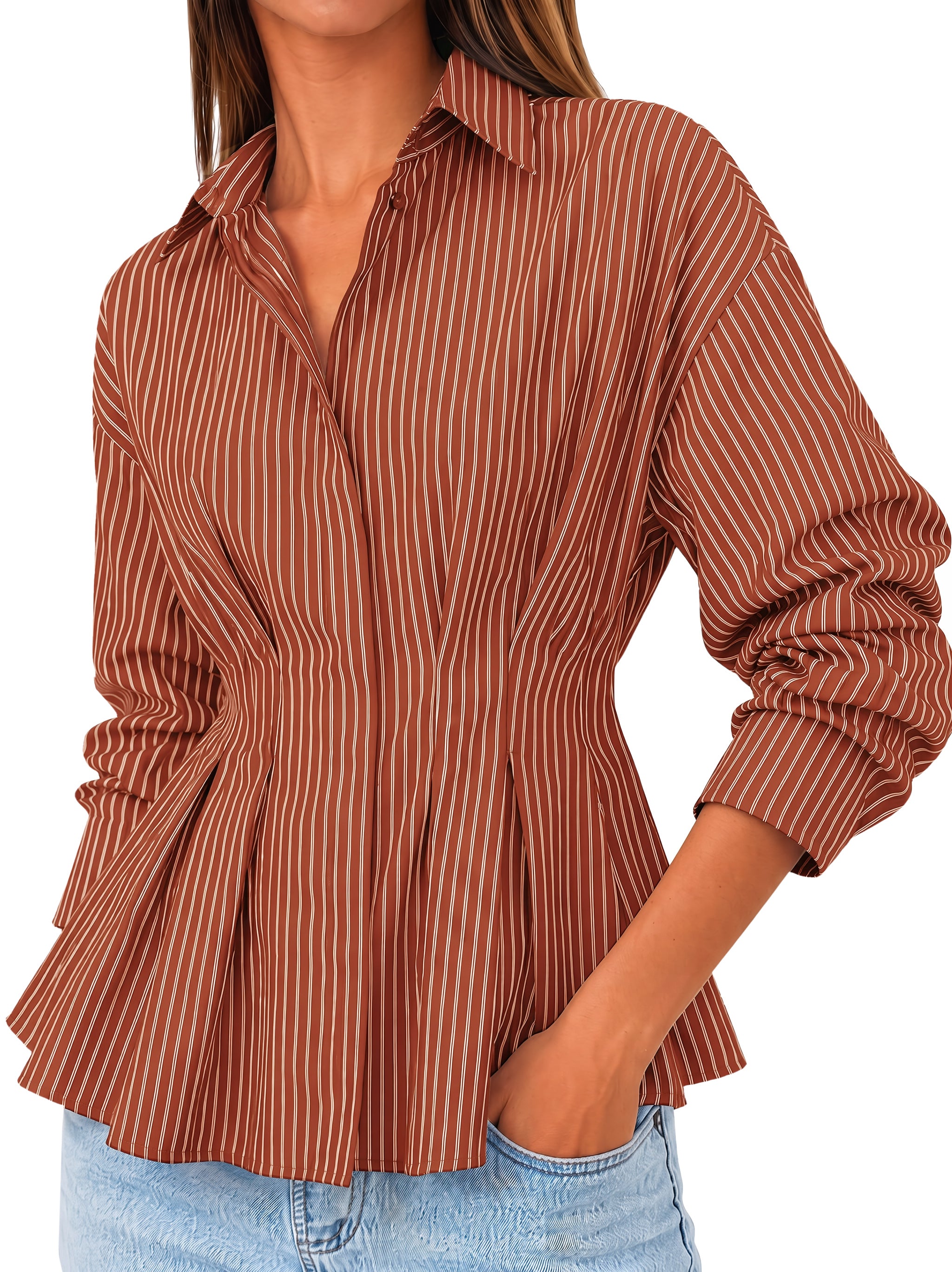 Women Brown Striped Button Down Shirts | CicyBell