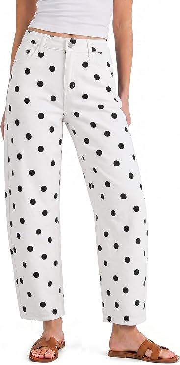 Women White Polka Dot Barrel Jeans | CicyBell