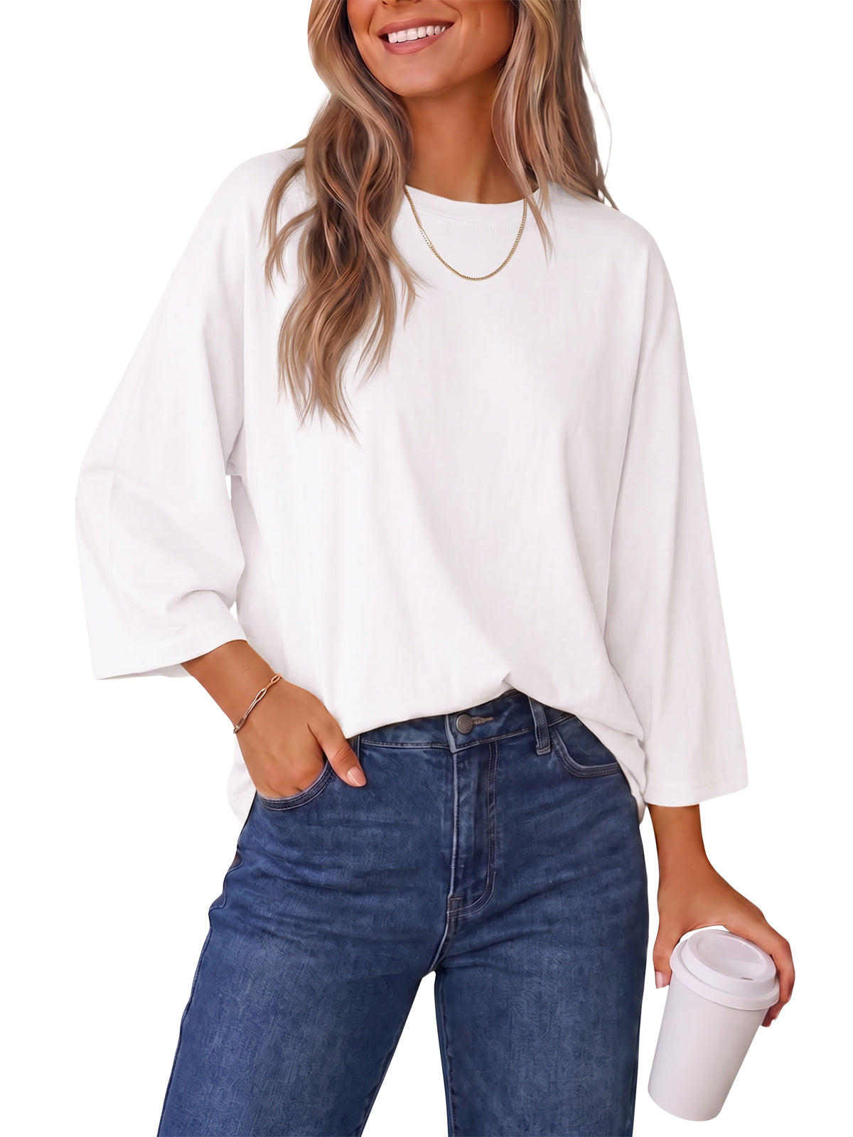 Womens White 3/4 Sleeve T Shirts | CicyBell
