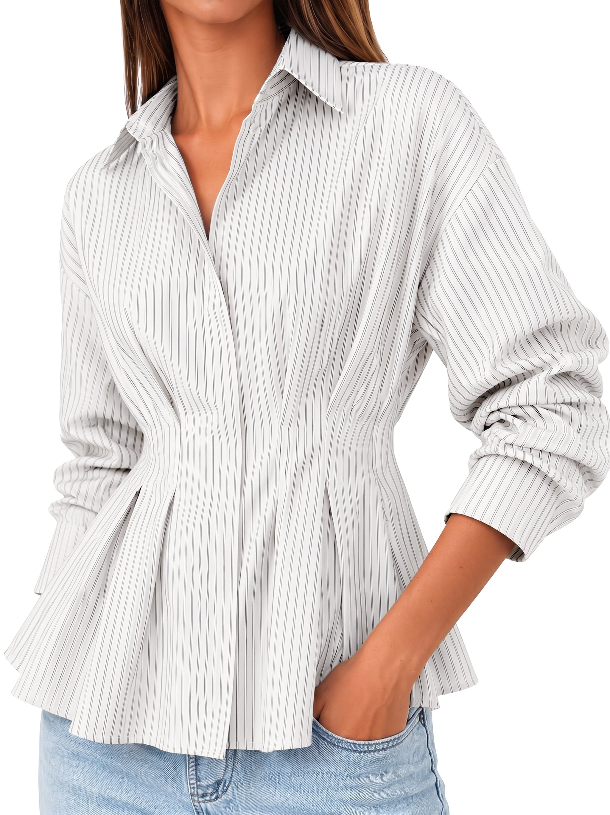 Women White Striped Button Down Shirts | CicyBell