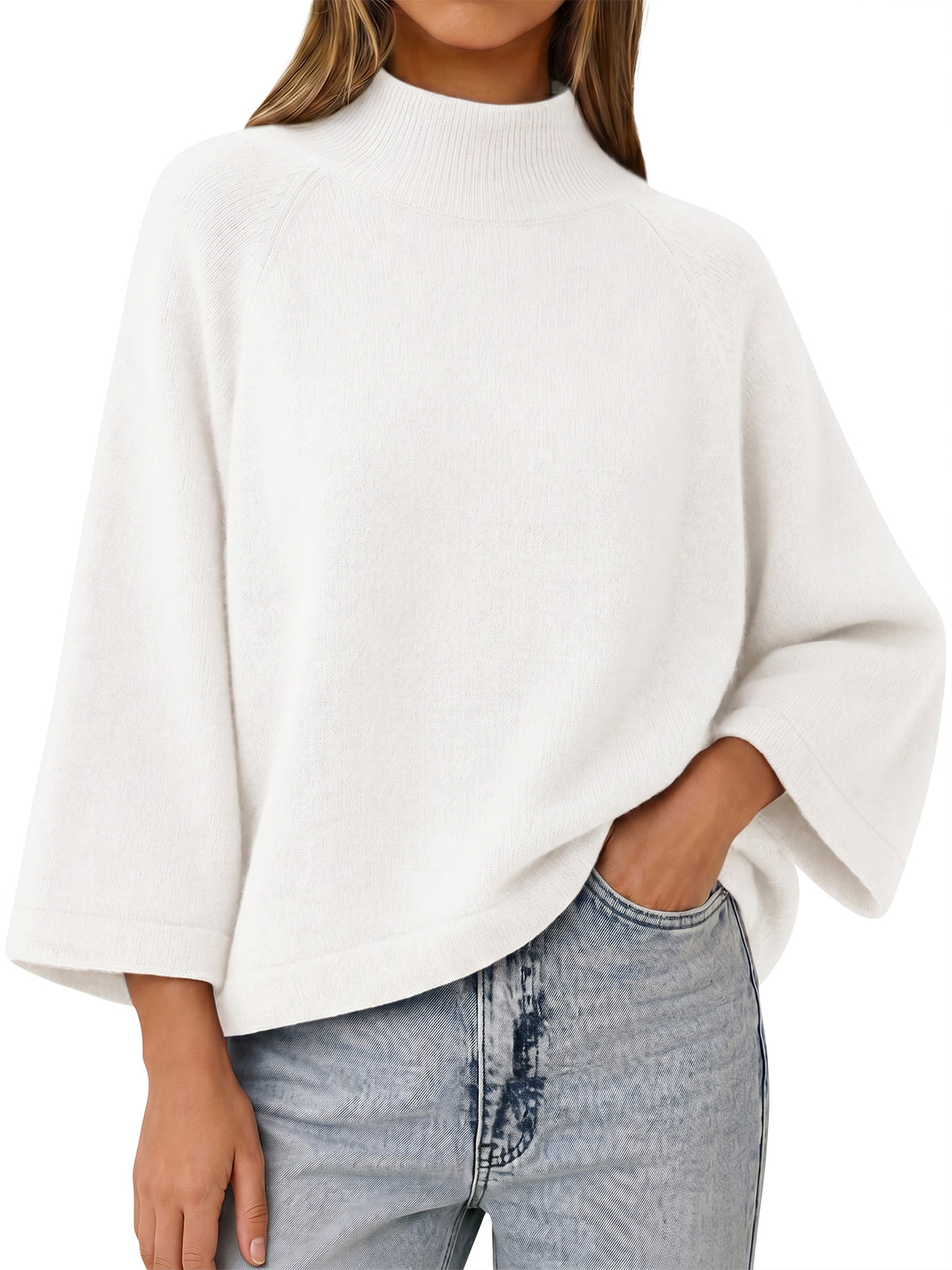 Womens White 3/4 Sleeve Knit Sweater | CicyBell