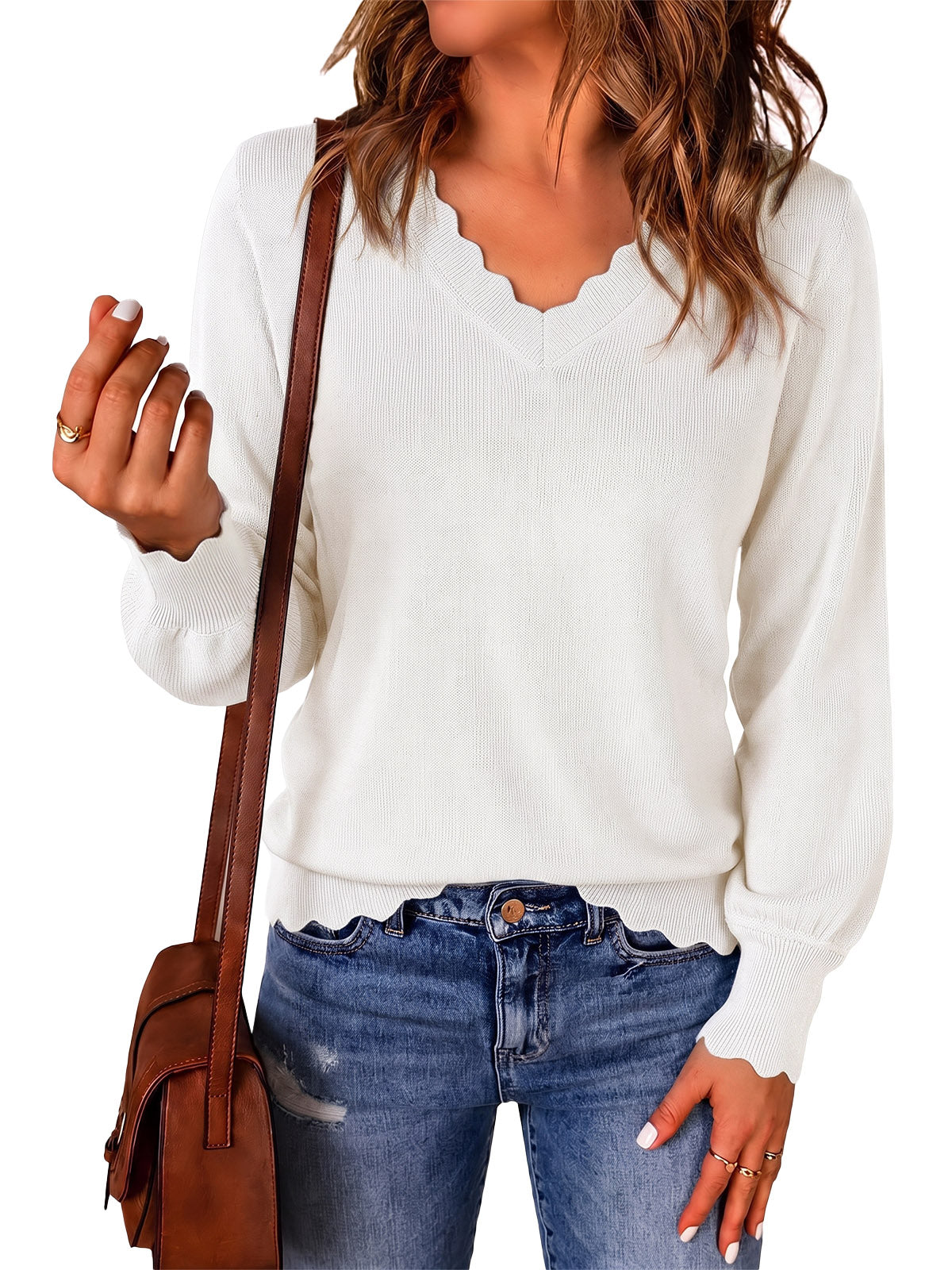 Womens White V Neck Long Sleeve Sweater | CicyBell