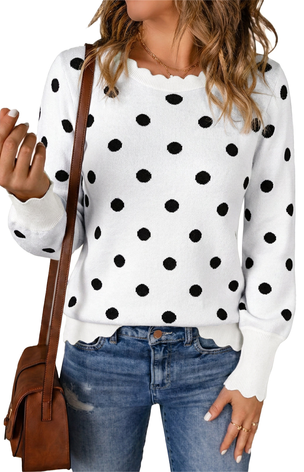 Womens Polka Dot White Crew Neck Sweater | CicyBell