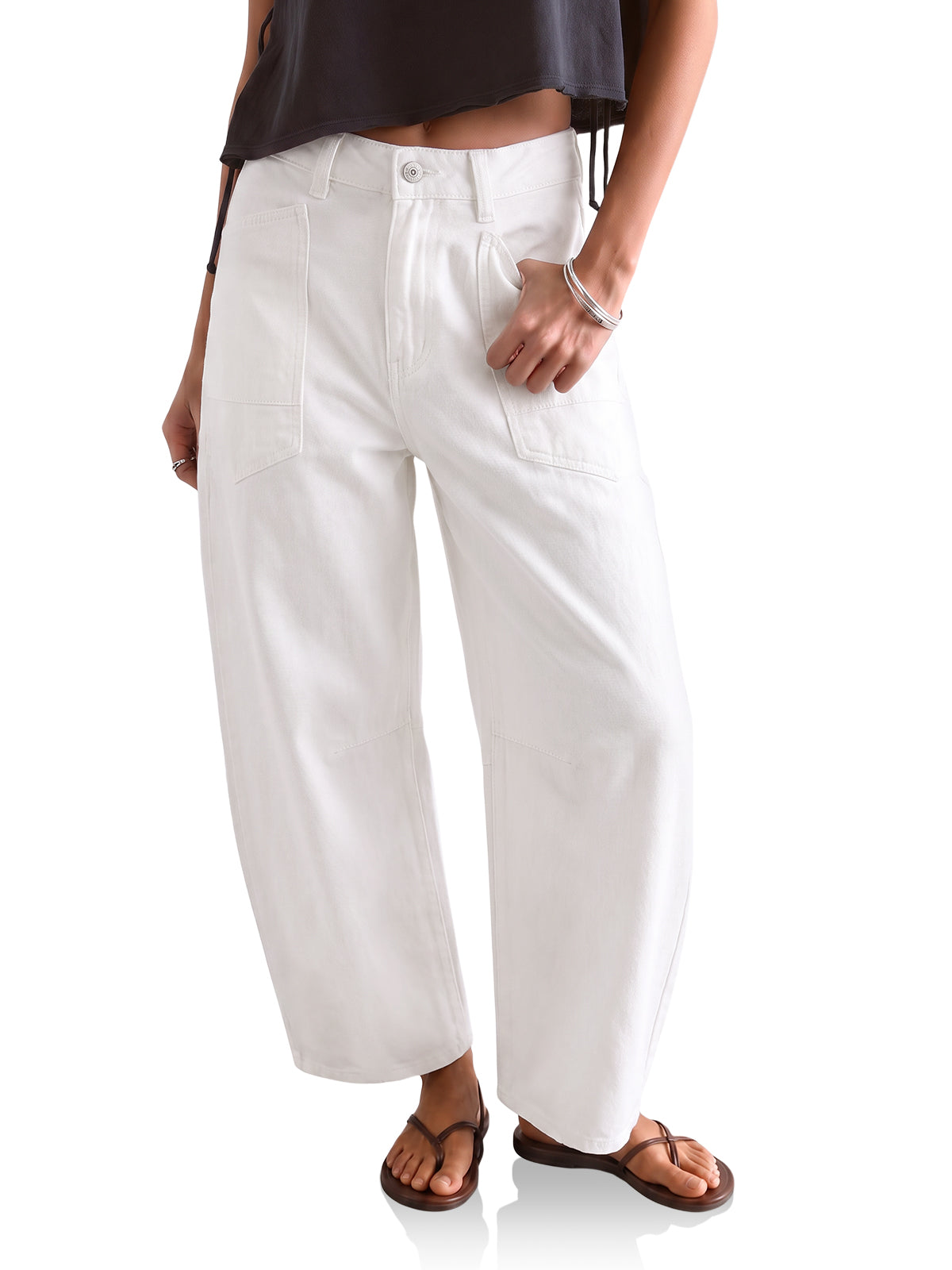Womens White Cropped Barrel Jeans | CicyBell
