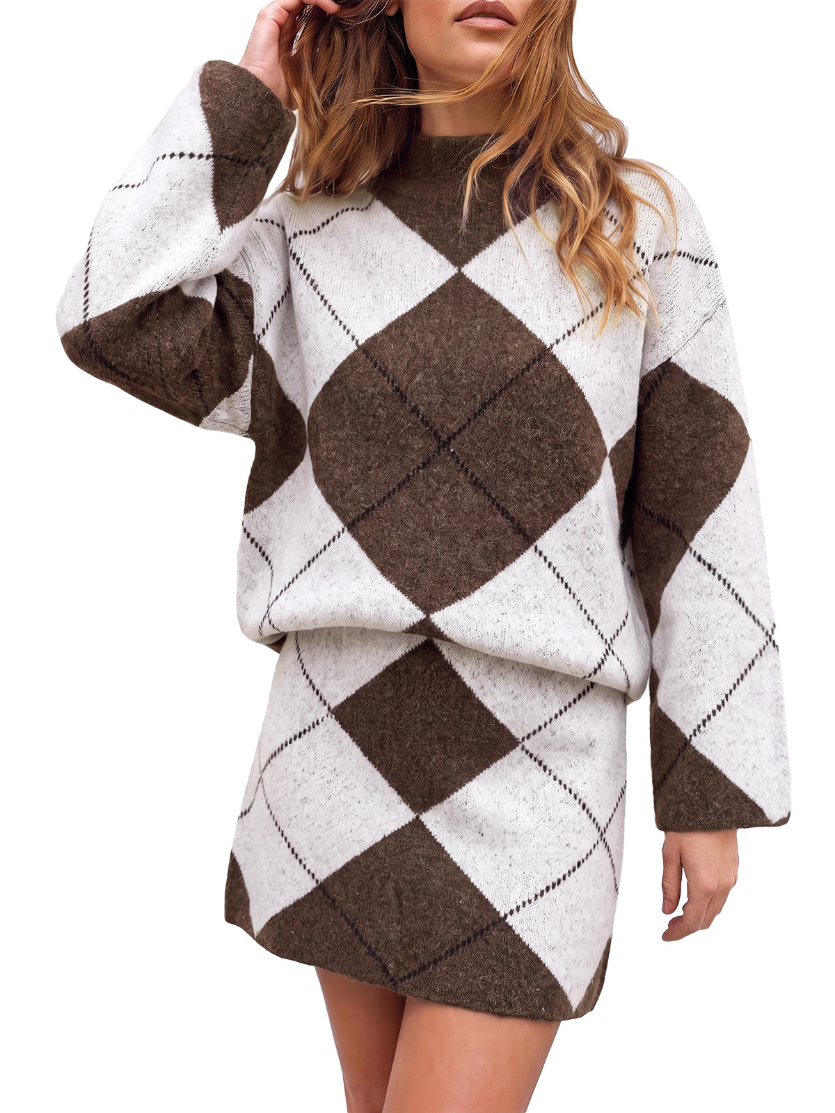 Womens White Argyle Sweater Mini Skirt Sets| CicyBell