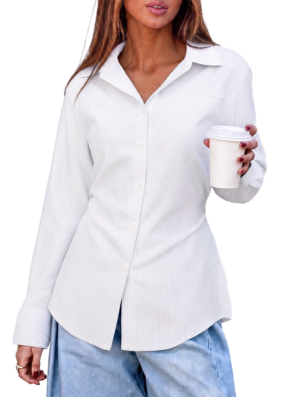 Womens White Striped Button Down Shirt | CicyBell