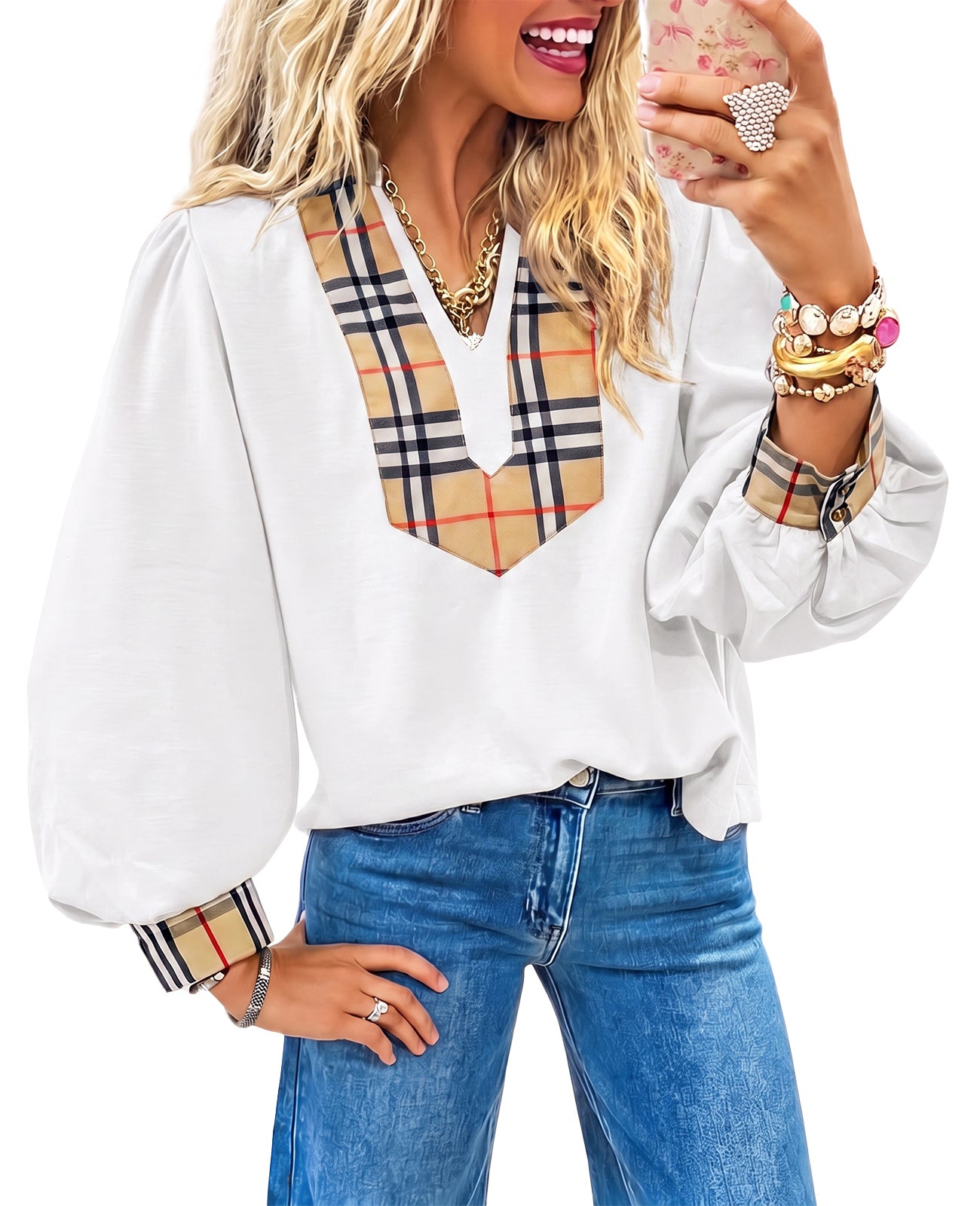 Womens White Puff Long Sleeve Blouse | CicyBell