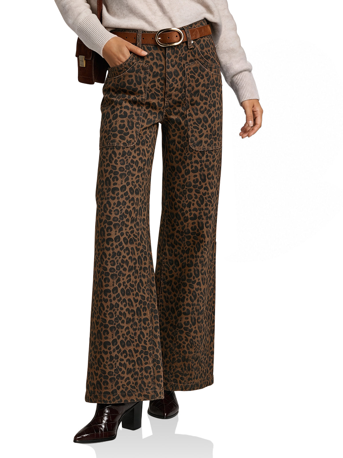 Womens Leopard Wide Leg Flared Jeans | CicyBell