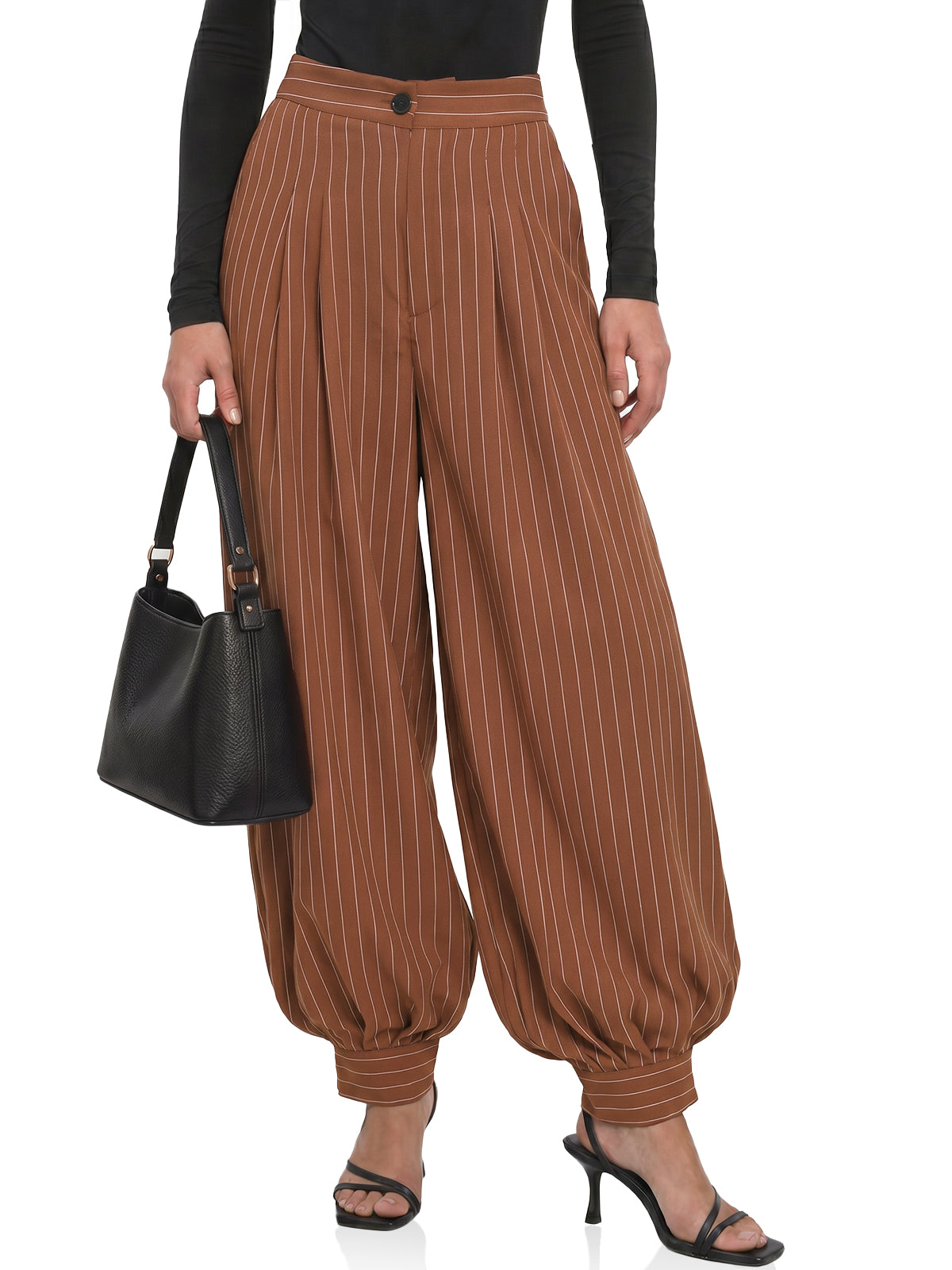 Womens Striped Red Brown Pleated Dress Pants | CicyBell