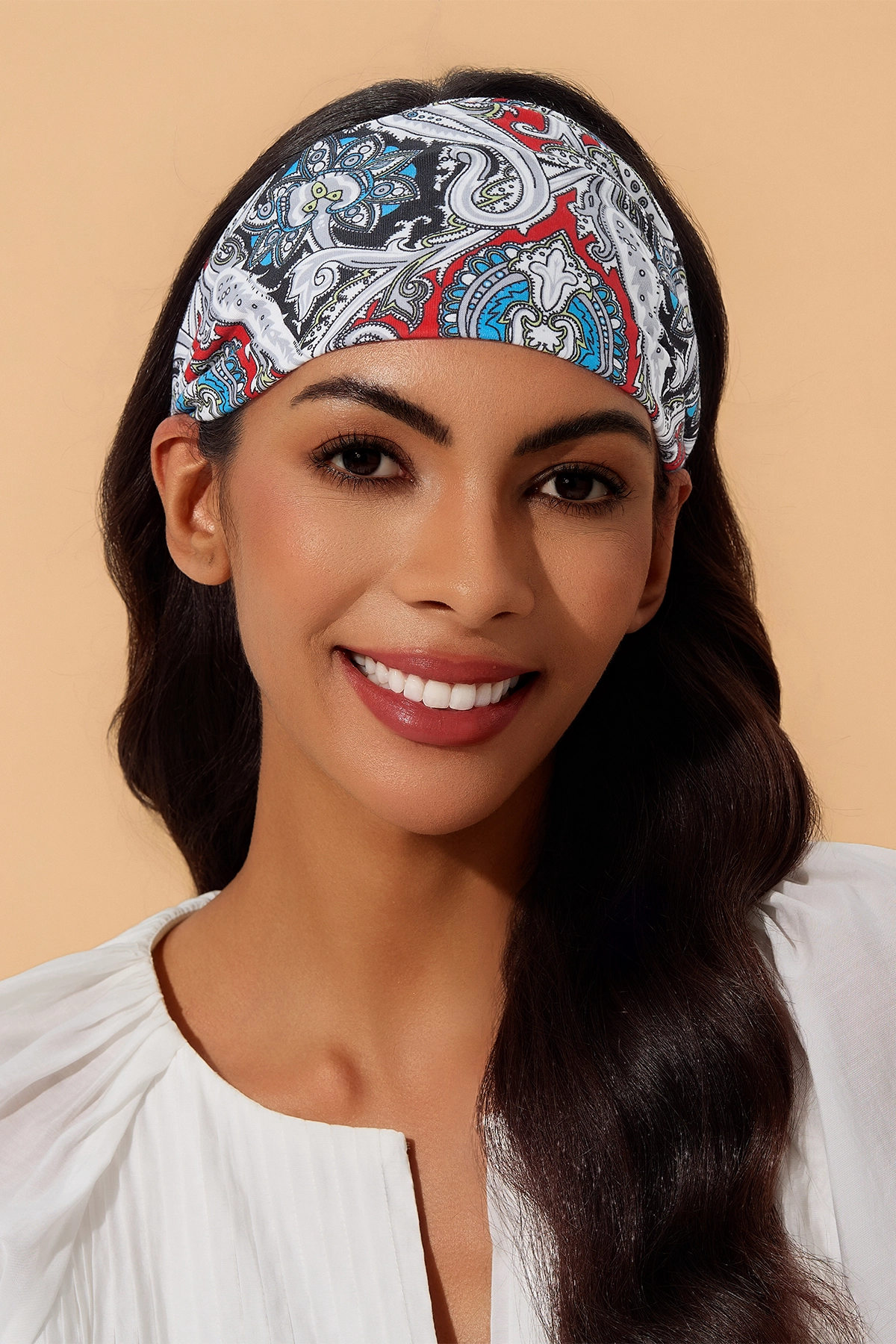 Womens White and Red Boho Yoga Headband 1