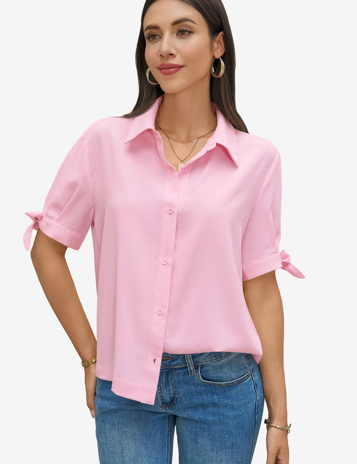 Womens Pink Short Sleeve Button Down Shirts 1