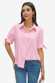 Womens Pink Short Sleeve Button Down Shirts 1