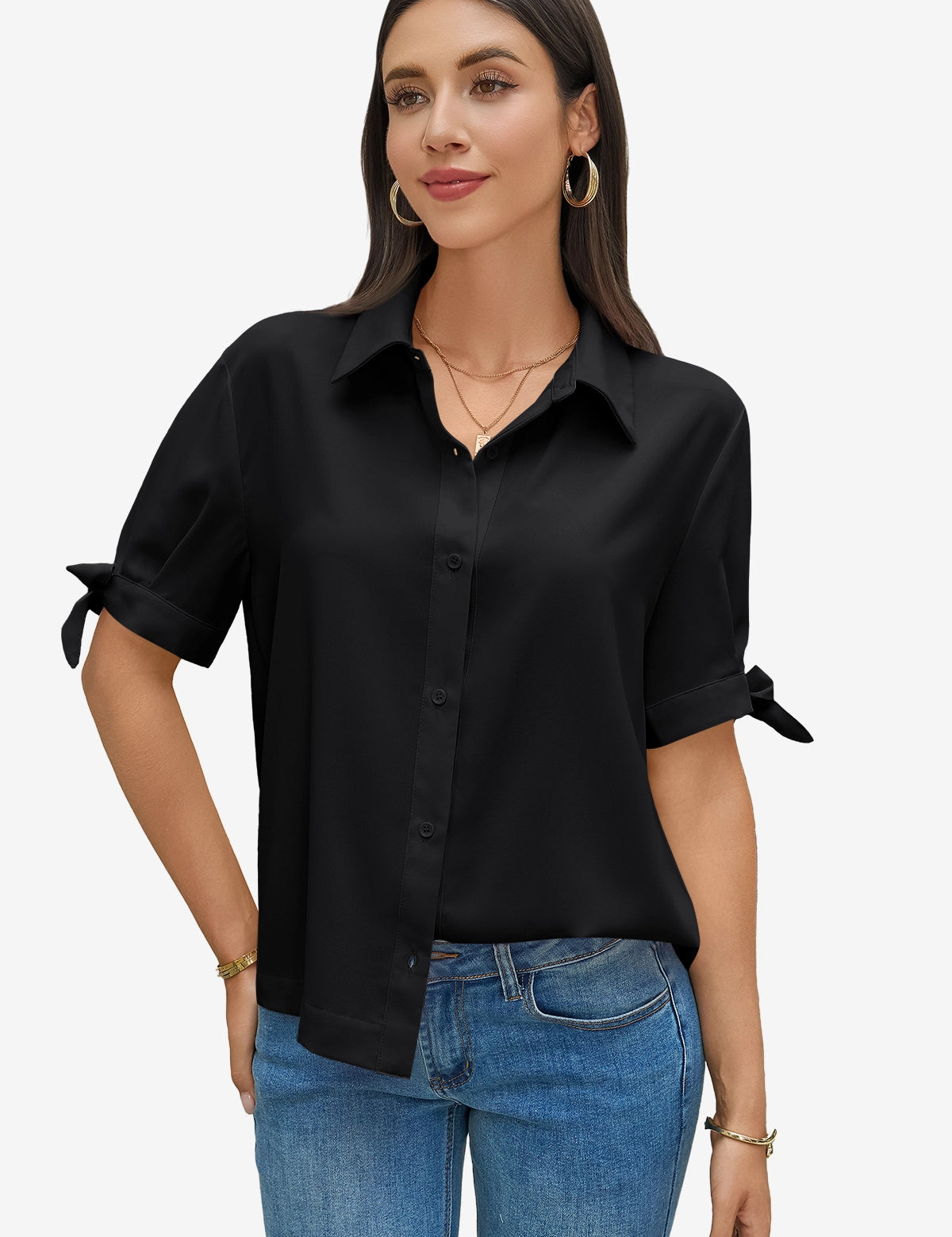 Womens Black Short Sleeve Button Down Shirts 1