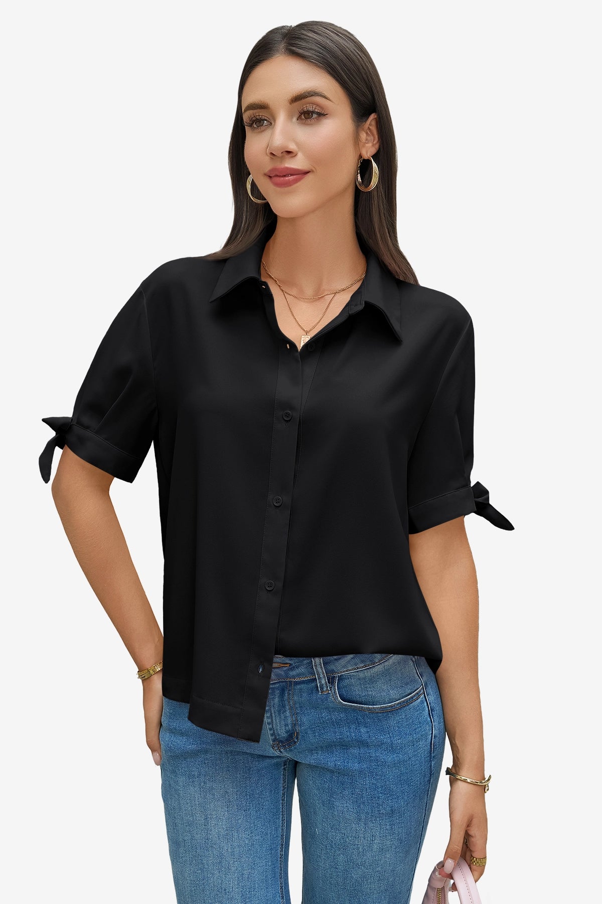 Womens Black Short Sleeve Button Down Shirts 1