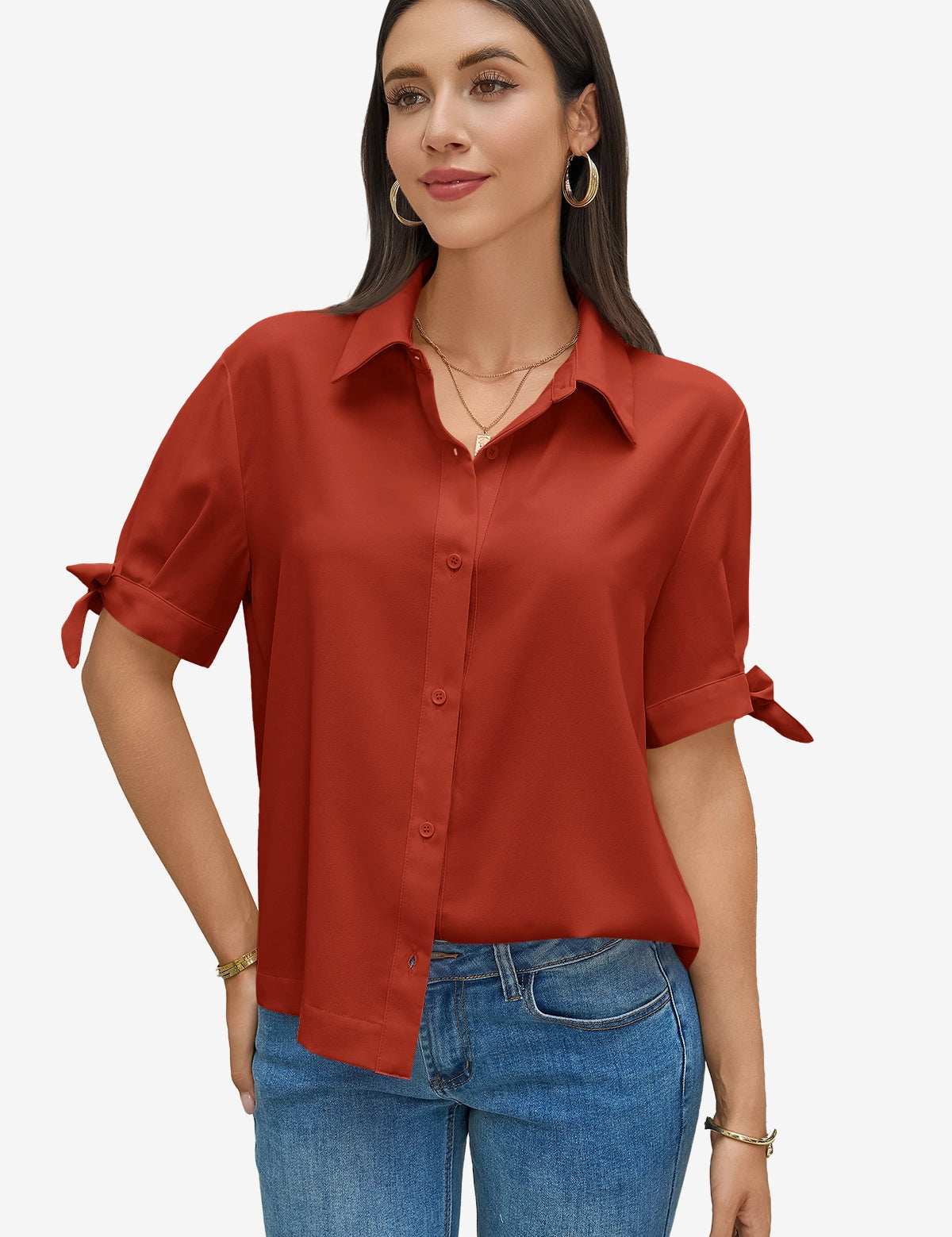 Womens Caramel  Short Sleeve Button Down Shirts 1