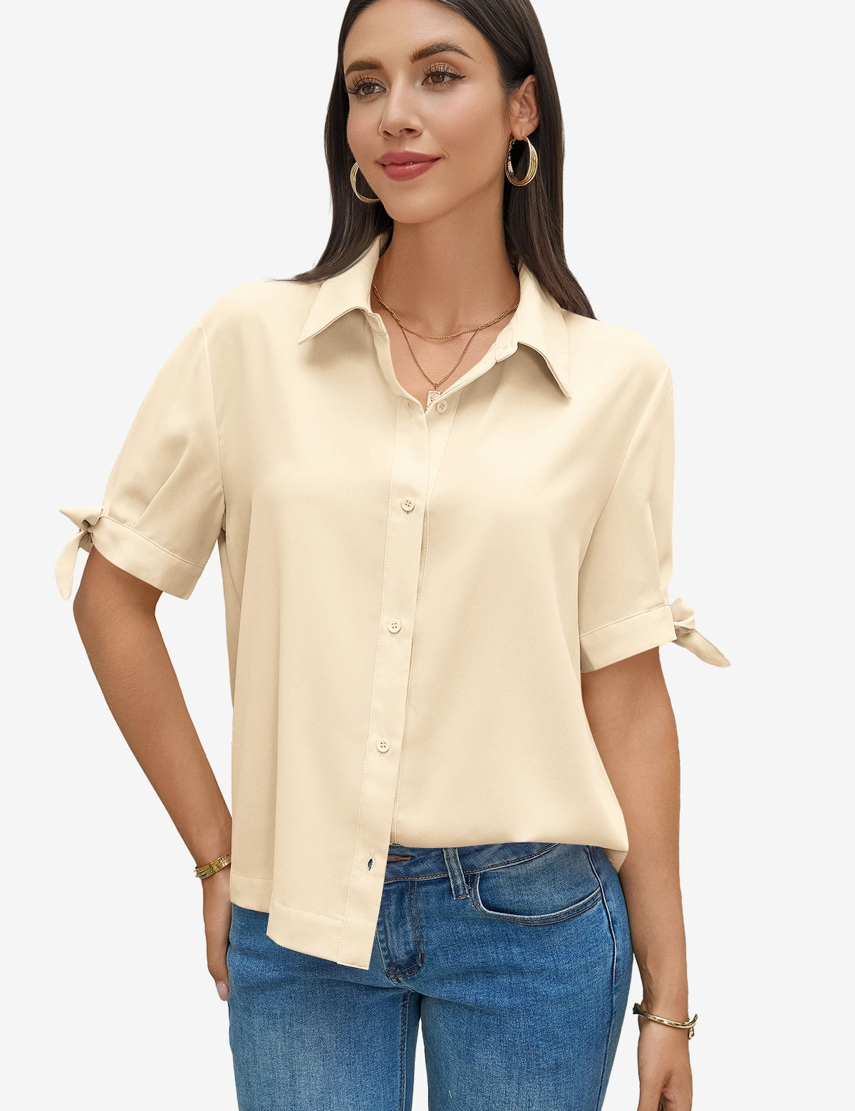 Womens Beige Short Sleeve Button Down Shirts 1