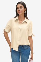 Womens Beige Short Sleeve Button Down Shirts 1