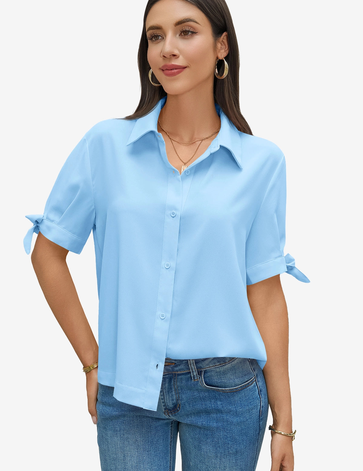 Womens Sky Blue Short Sleeve Button Down Shirts 1