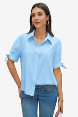 Womens Sky Blue Short Sleeve Button Down Shirts 1