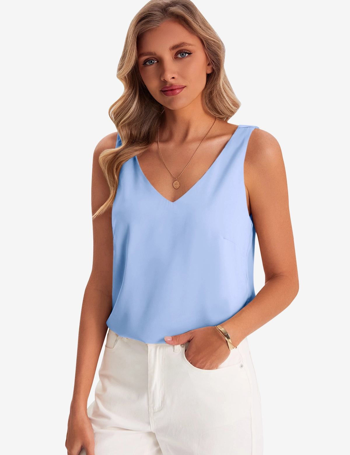 Womens Blue V Neck Satin Tank Tops 1