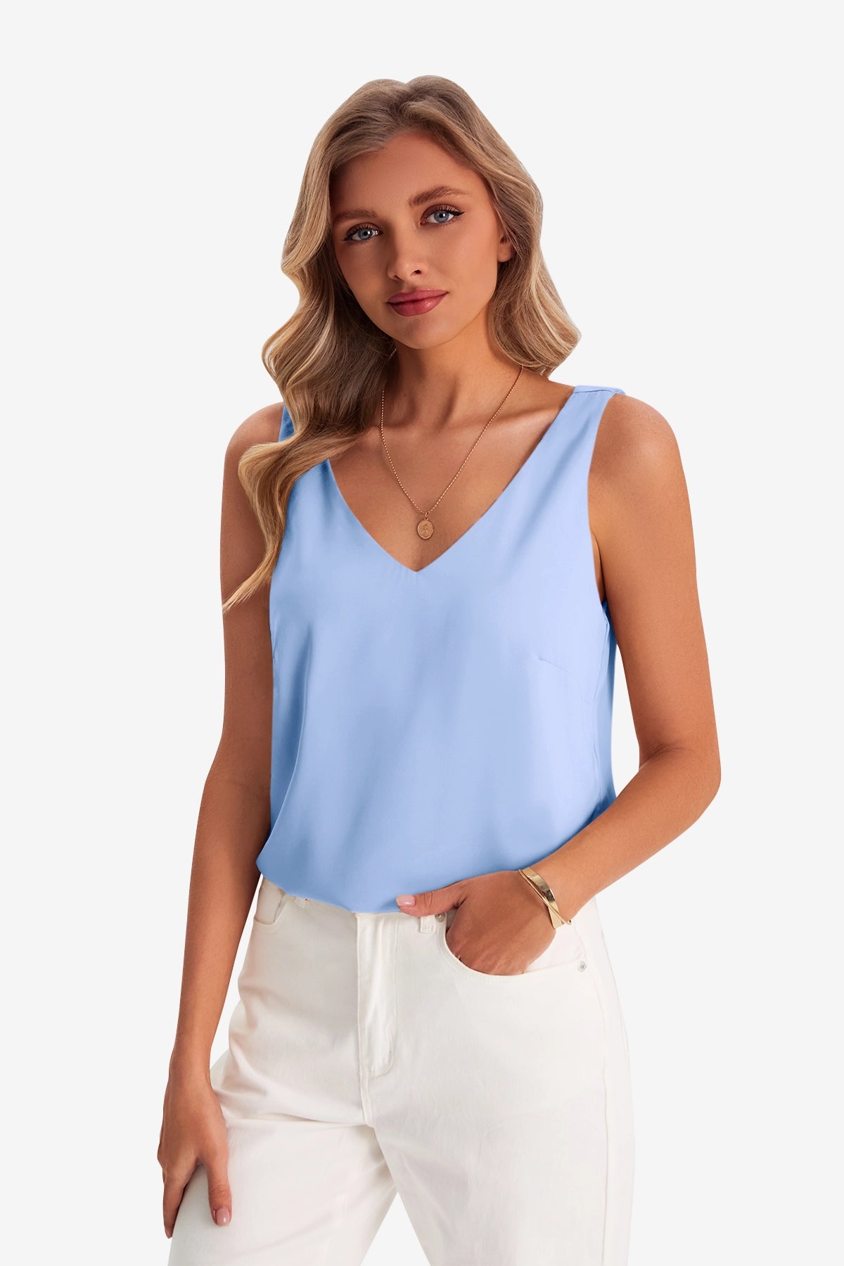 Womens Blue V Neck Satin Tank Tops 1